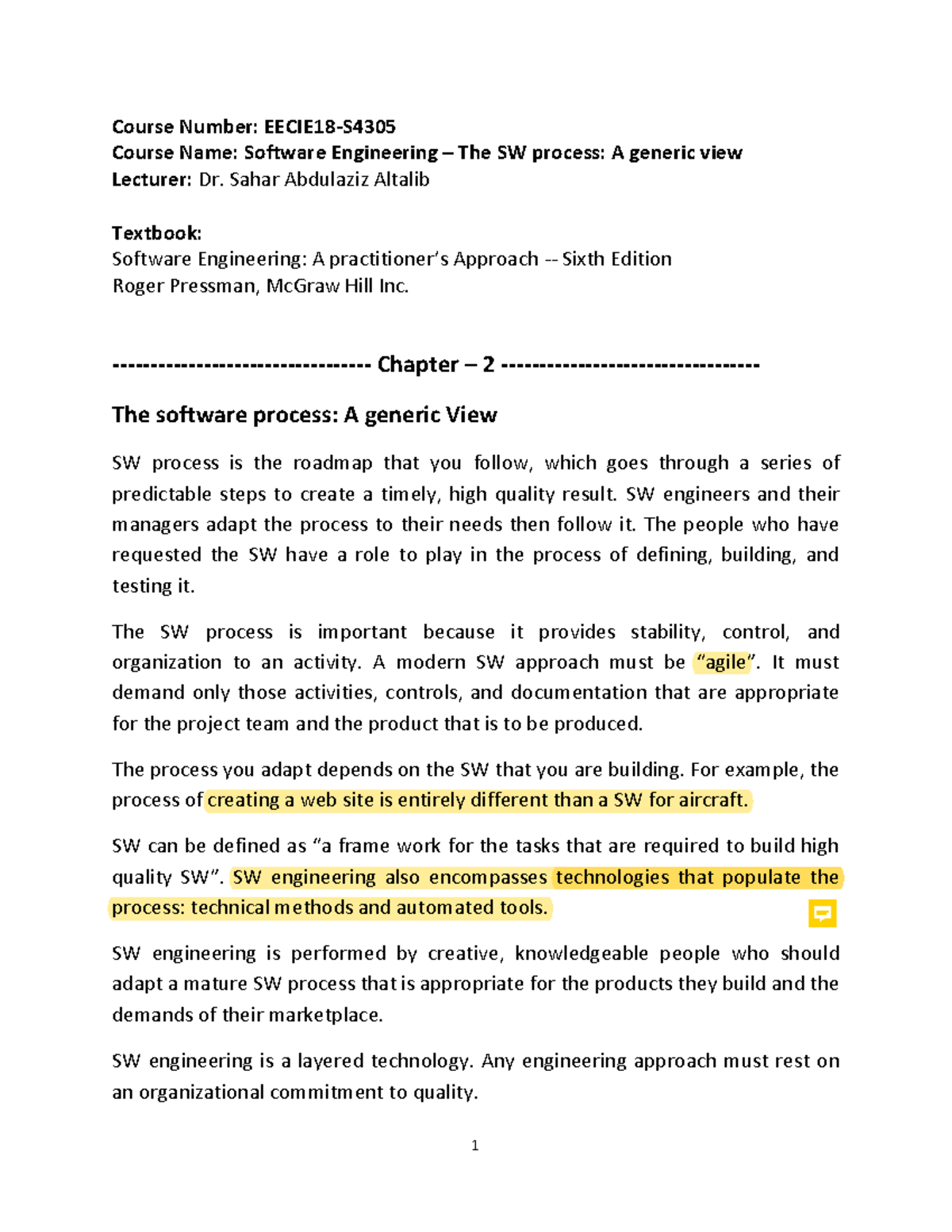 CH2 Software Process - Lecture notes 7 - Course Number: EECIE18-S ...
