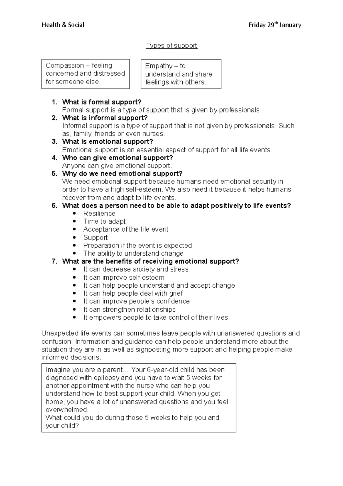Types of support Example of notes to help with assignments Types of