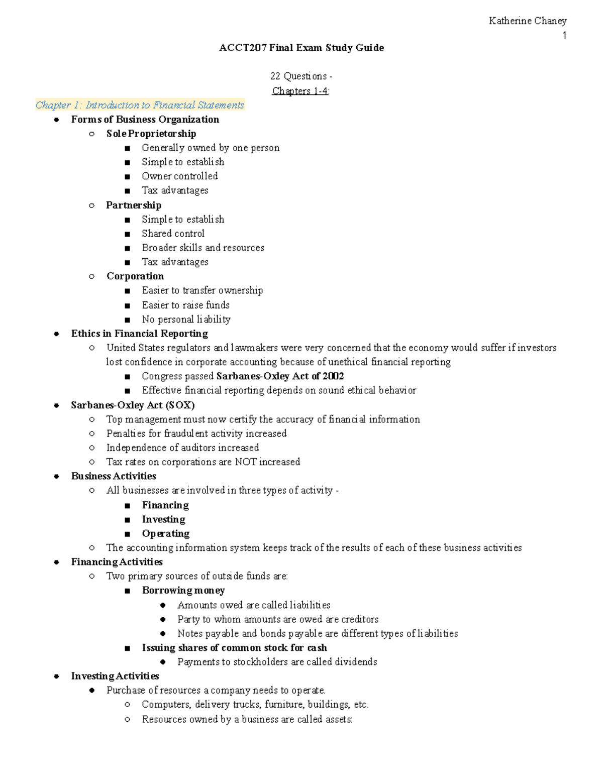 ACCT207 Final Exam Study Guide - Katherine Chaney 1 ACCT207 Final Exam ...