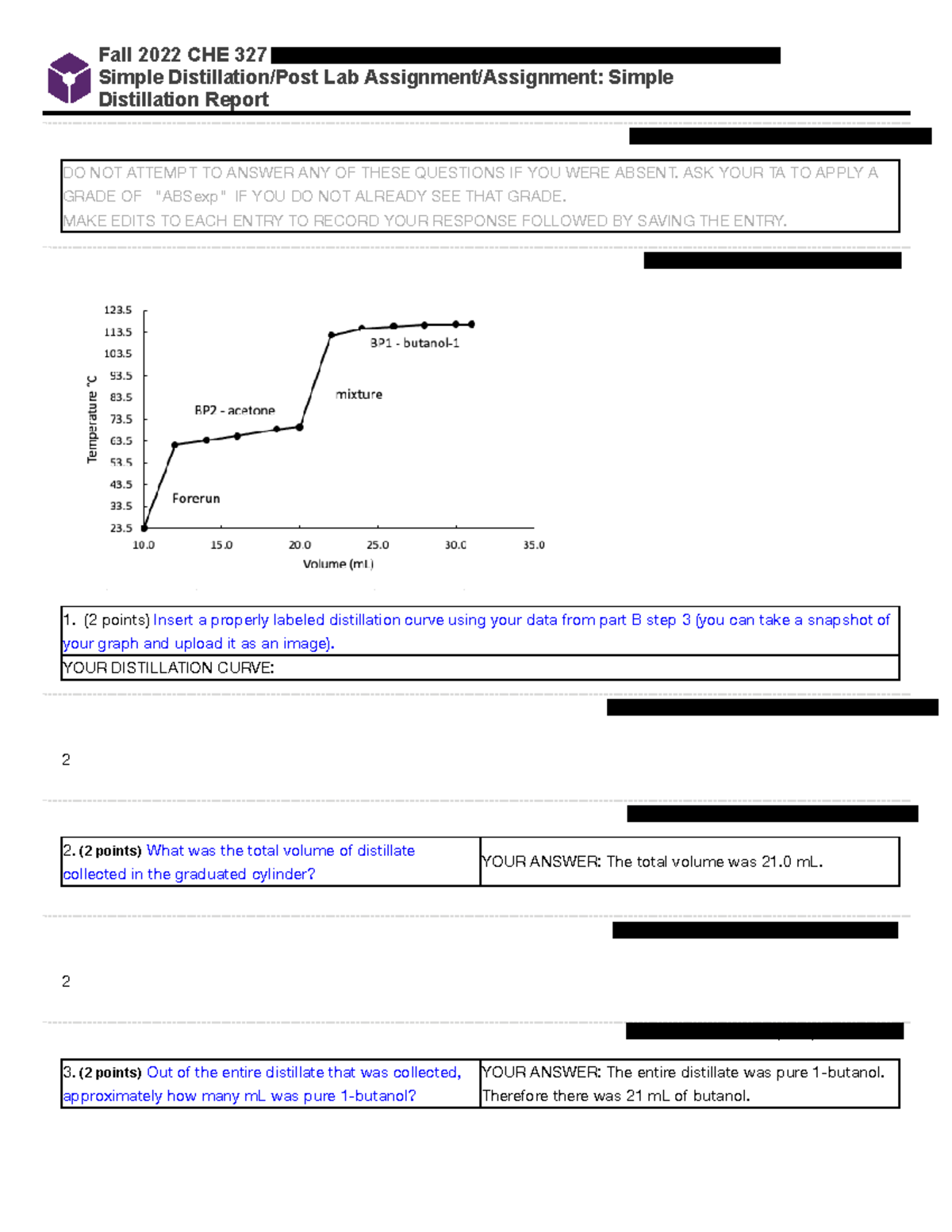 Simple distillation post lab assigment Fall 2022 CHE 327 Julia Varricchio/Fall 2022 CHE 327