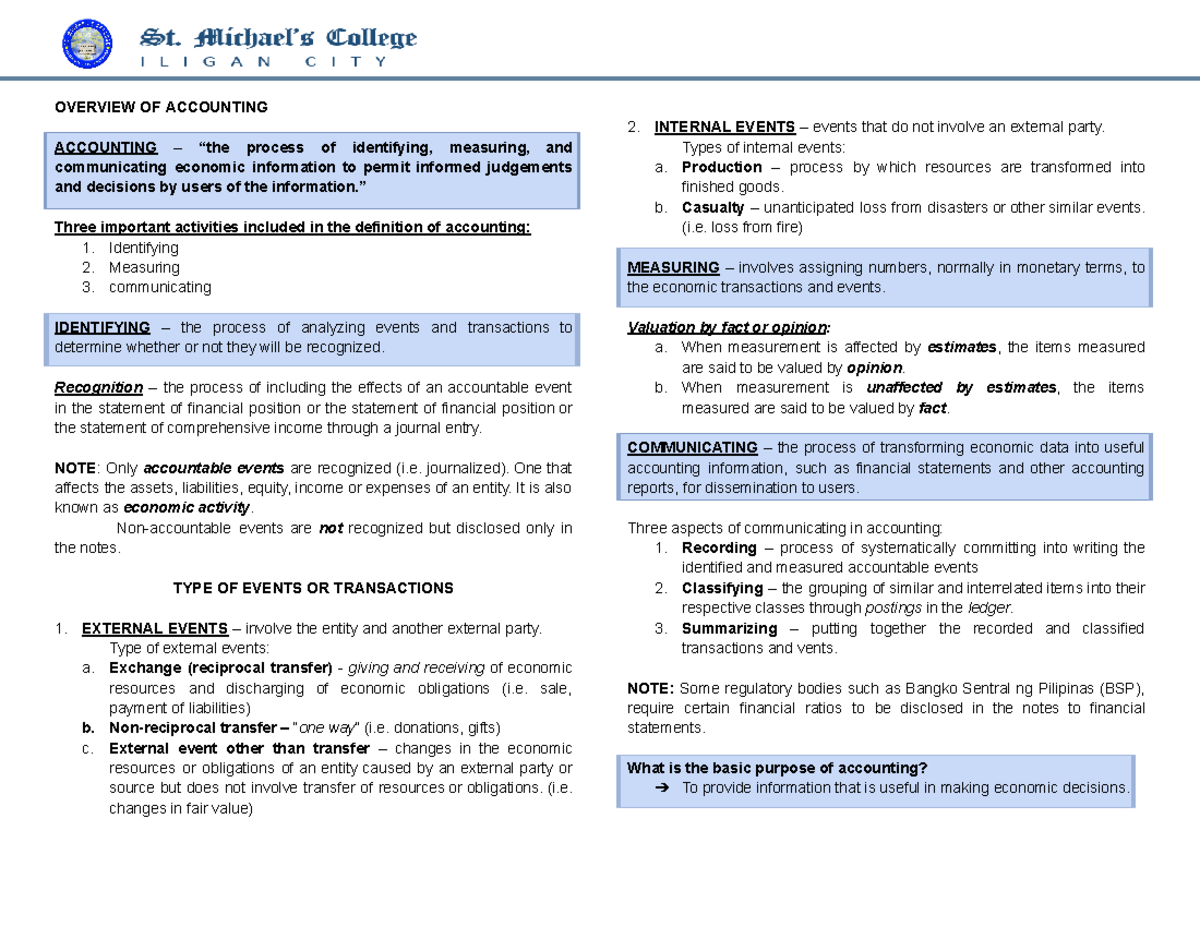 Copy of CFAS notes - OVERVIEW OF ACCOUNTING ACCOUNTING – “the process ...