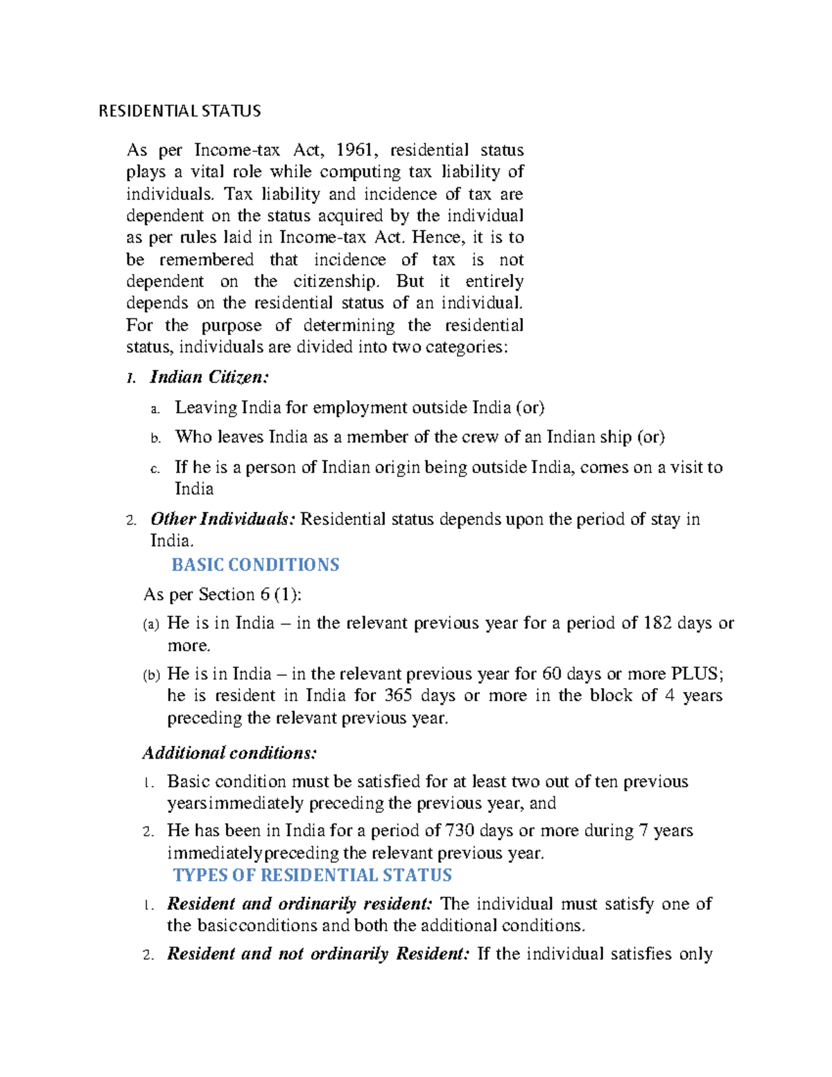 Residential Status TAX RESIDENTIAL STATUS As per Act