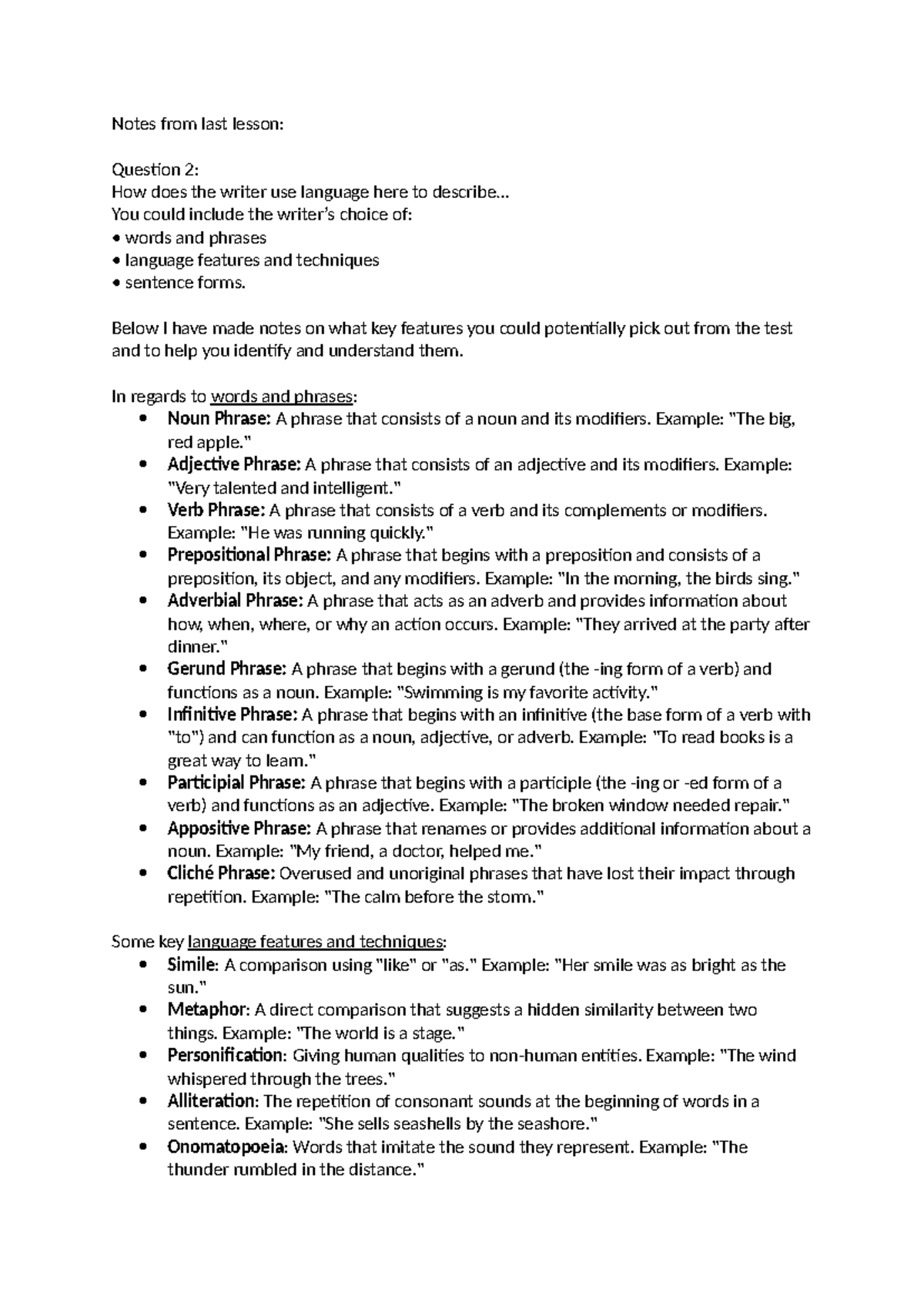English Lang Revison Notes - Notes from last lesson: Question 2: How ...