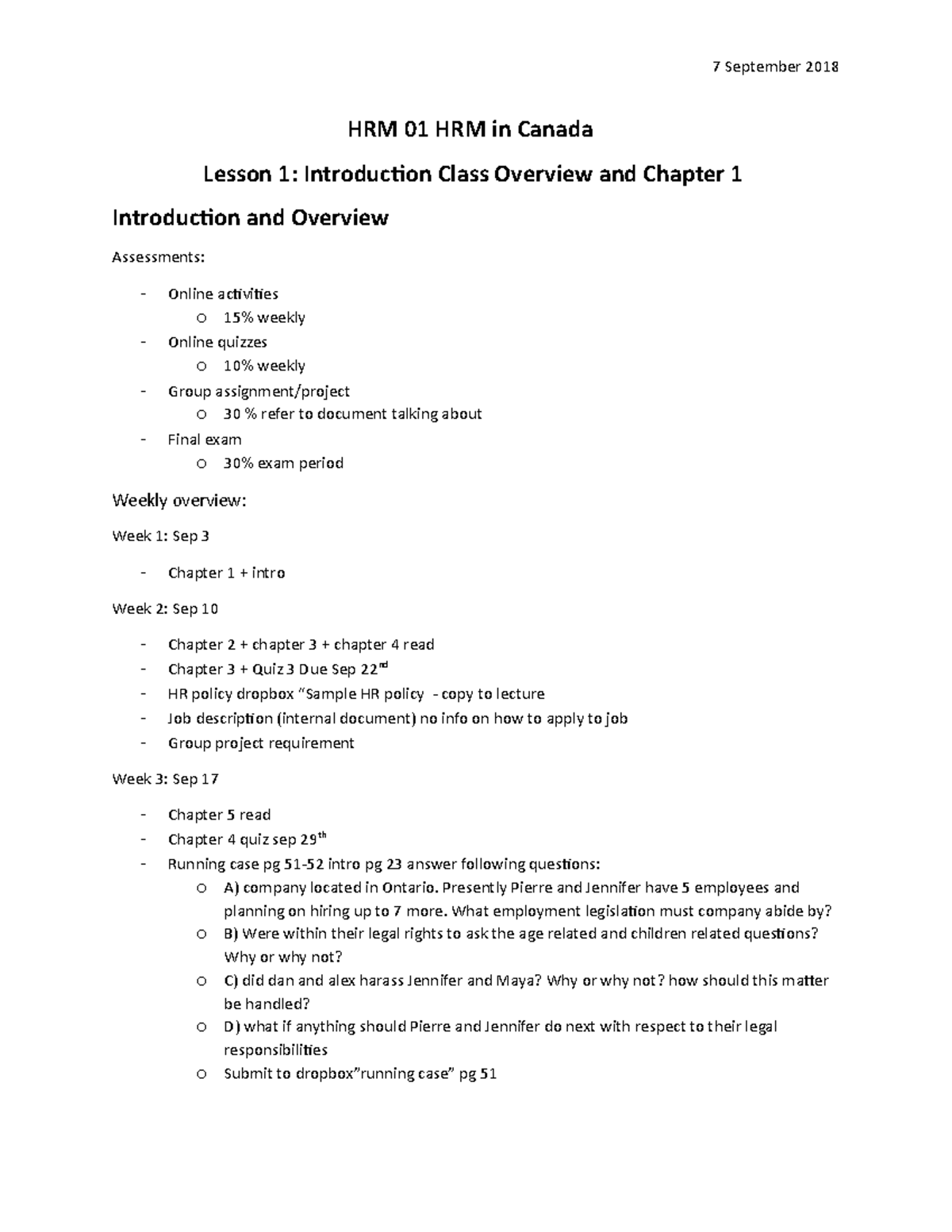 Lesson 1 - Lecture notes 1 - 7 September 2018 HRM 01 HRM in Canada ...