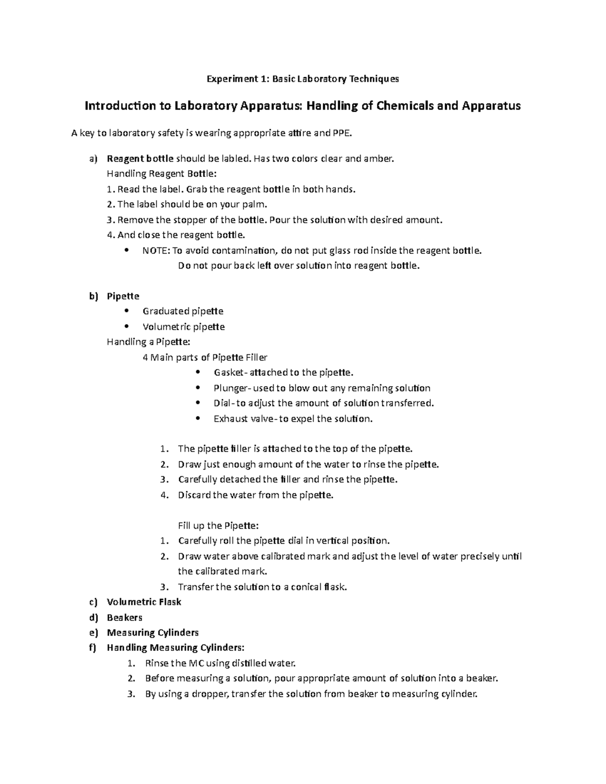 Experiment 1 Proper Handling, Laboratory Apparatus, etc. Experiment