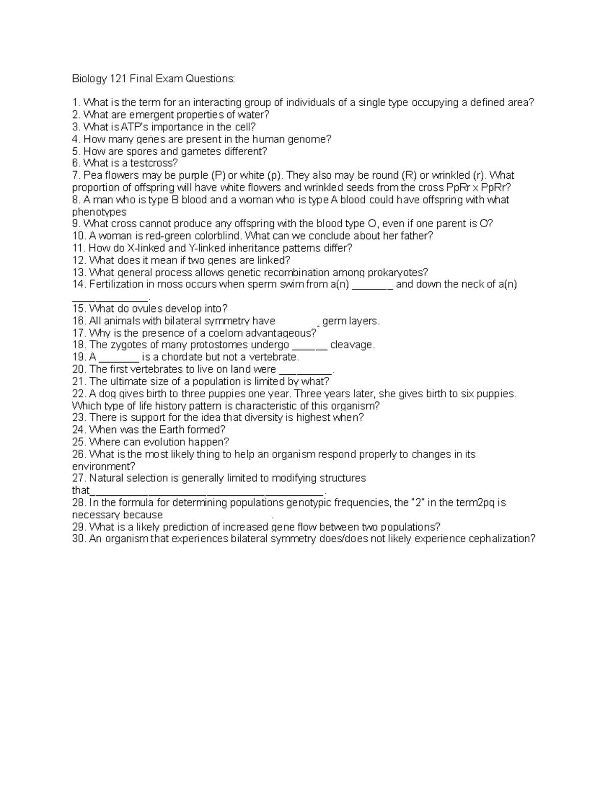 Bio Final Review - jason wiles - Biology 121 Final Exam Questions: What ...