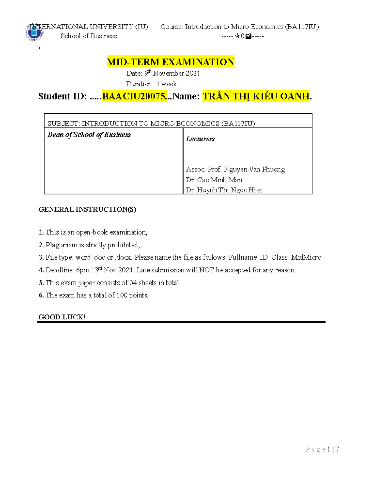 Mid Micro Fall 2021 answer - Introduction to Micro Economics - Studocu