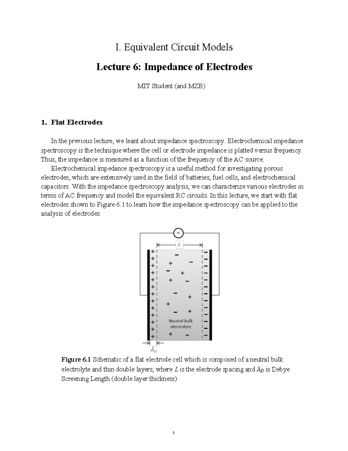 Impedance of Electrodes I. Equivalent Circuit Models Lecture 6
