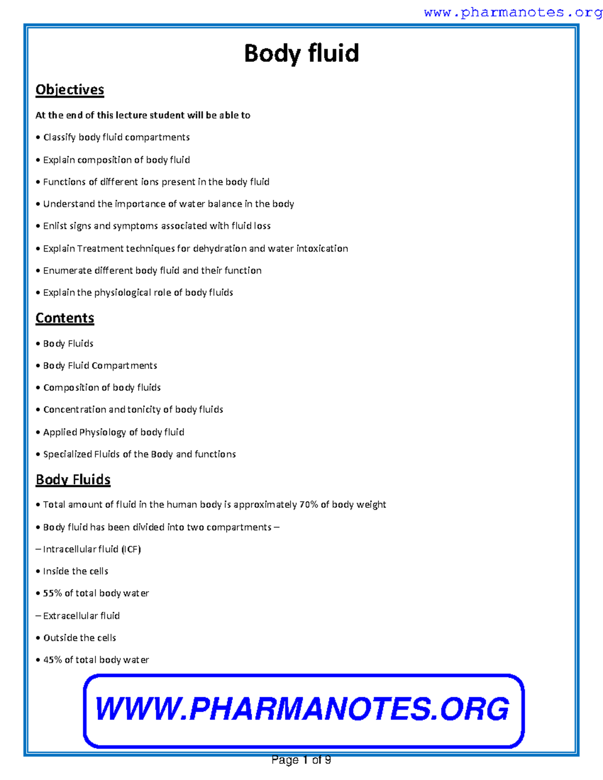 Body fluid - Body fluid Objectives At the end of this lecture student ...