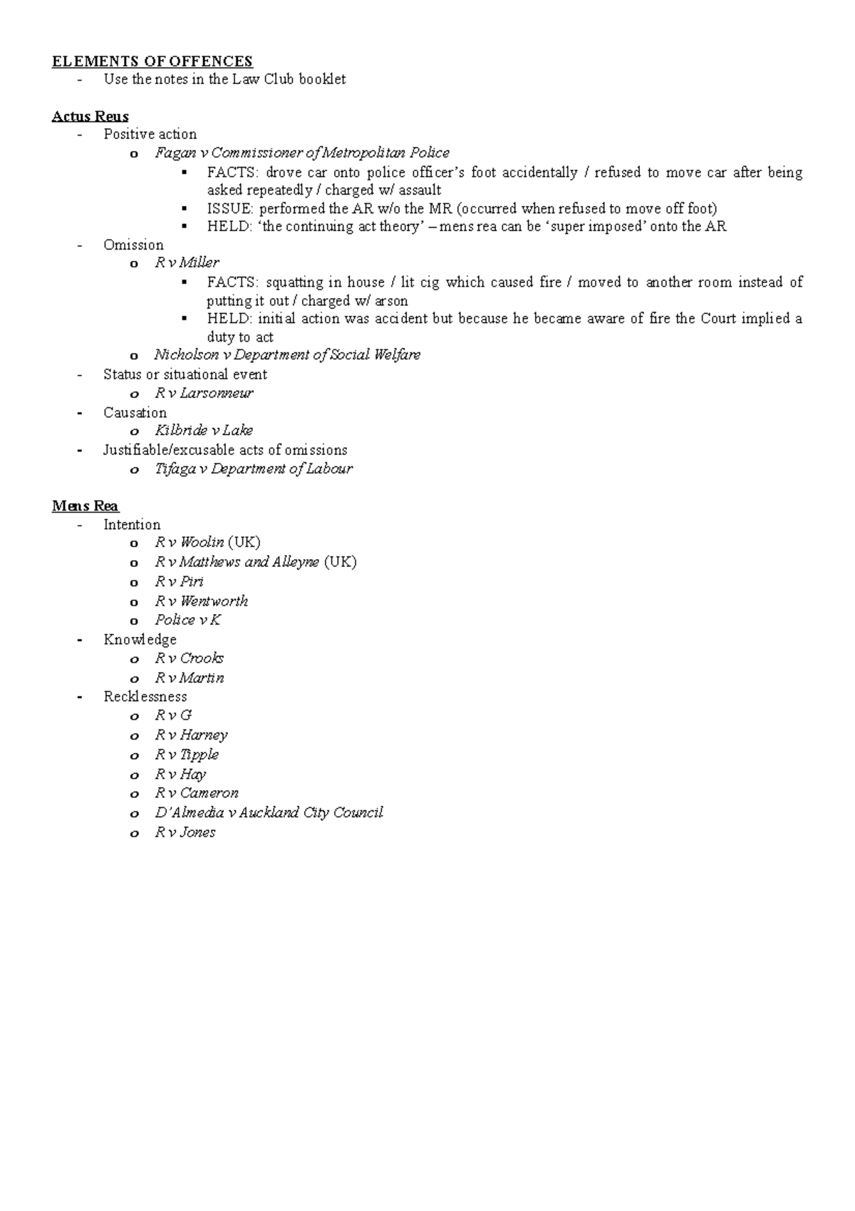 Criminal Exam Structures - ELEMENTS OF OFFENCES Use the notes in the ...