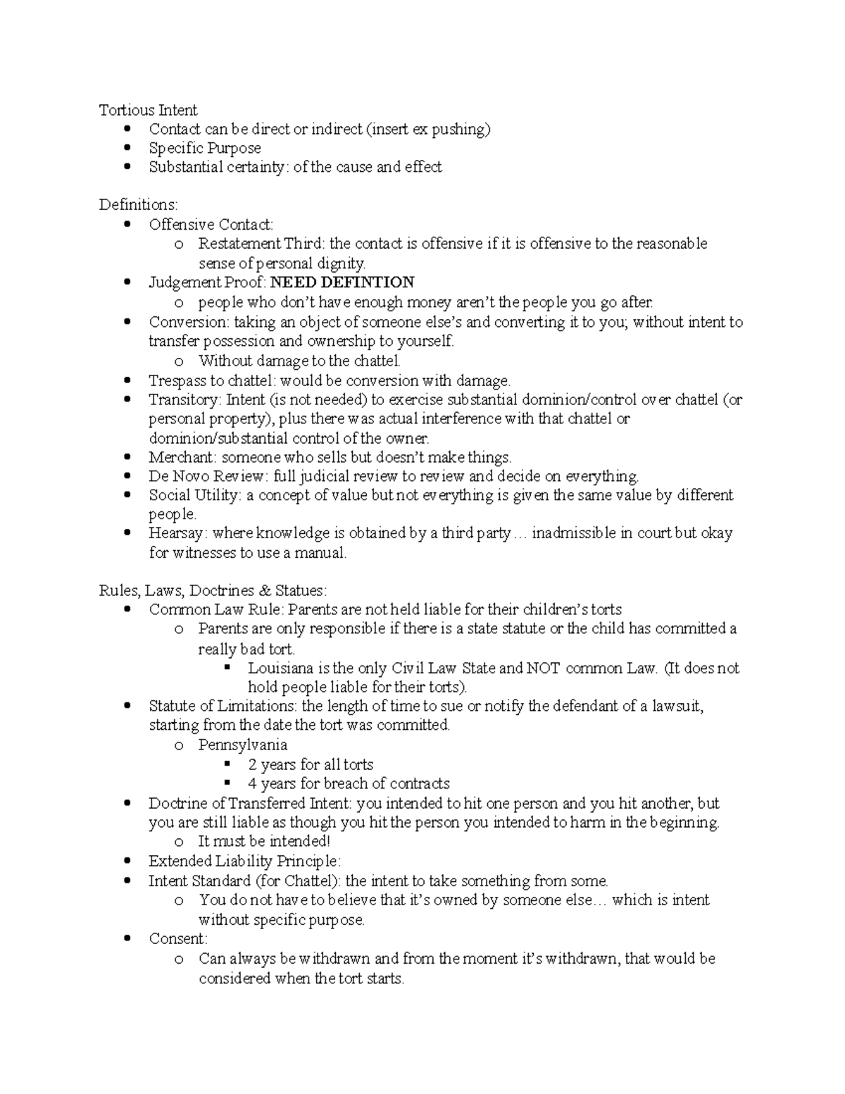 My Tort Outline - Tortious Intent Contact can be direct or indirect ...