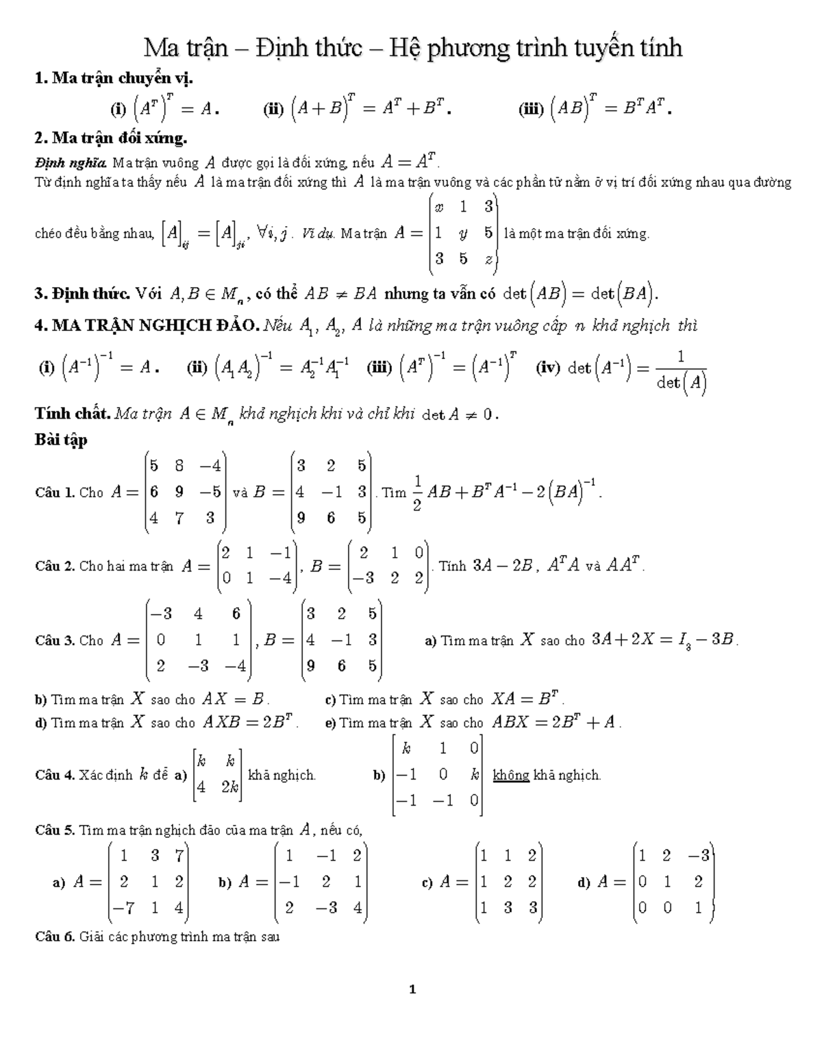BÀi TẬp ToÁn Kinh TẾ ChƯƠng 1 1 Ma Trận Định Thức Hệ Phương Trình Tuyến Tính 1 Ma Trận 3856