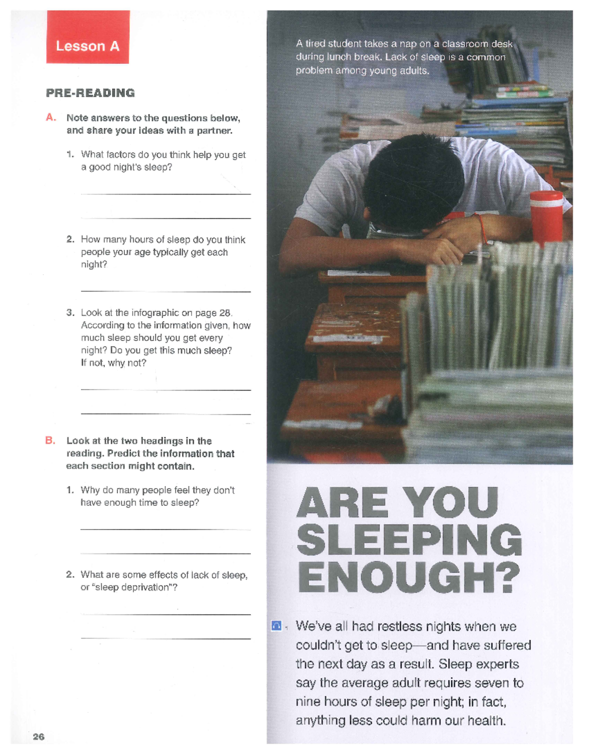 UNIT 2 Sleep Matter Reading Academic Term 1 - Lesson A A tired student ...