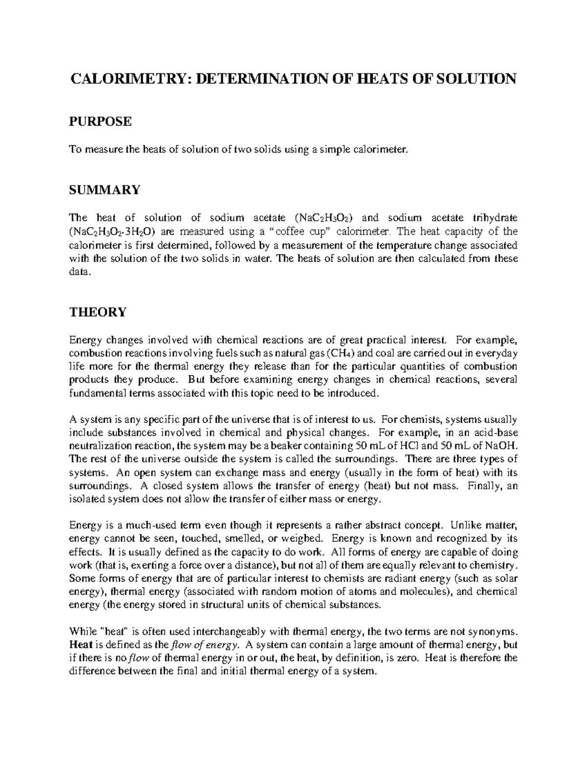Lab short report Cal2 CALORIMETRY DETERMINATION OF HEATS OF