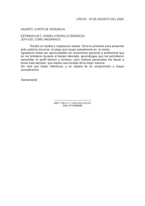 Carta de renuncia - LIRCAY, 16 DE AGOSTO DEL 2020. ASUNTO: CARTA DE RENUNCIA.  ESTIMADA M. DANIELA - Studocu