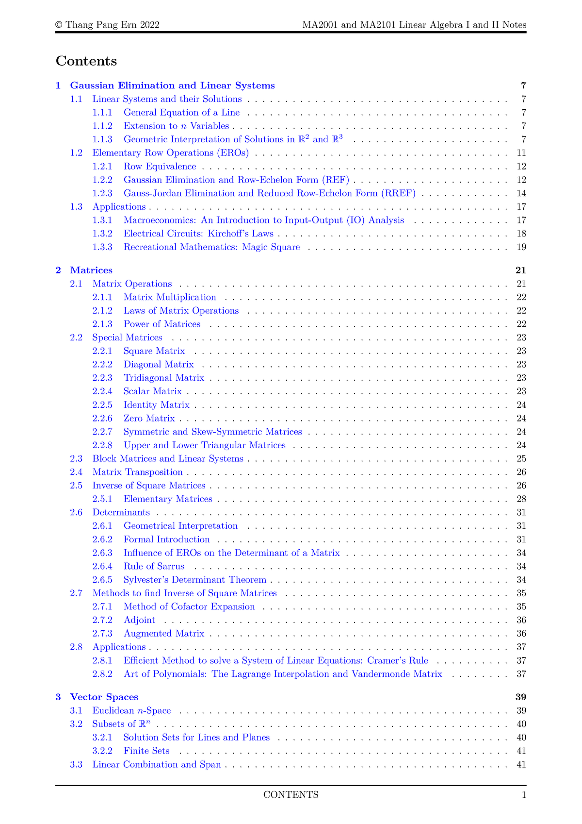 MA2001 And MA2101 Linear Algebra I And II Notes TPE - Contents ...