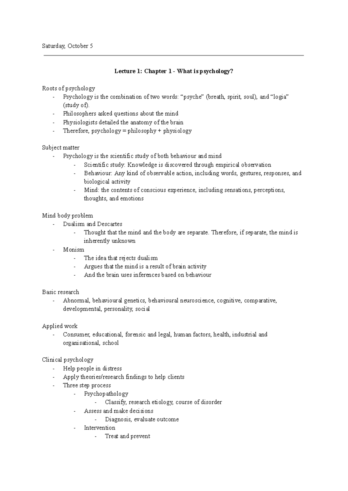 Psych Midterm 1Study Guide - Saturday, October 5 Lecture 1: Chapter 1 ...