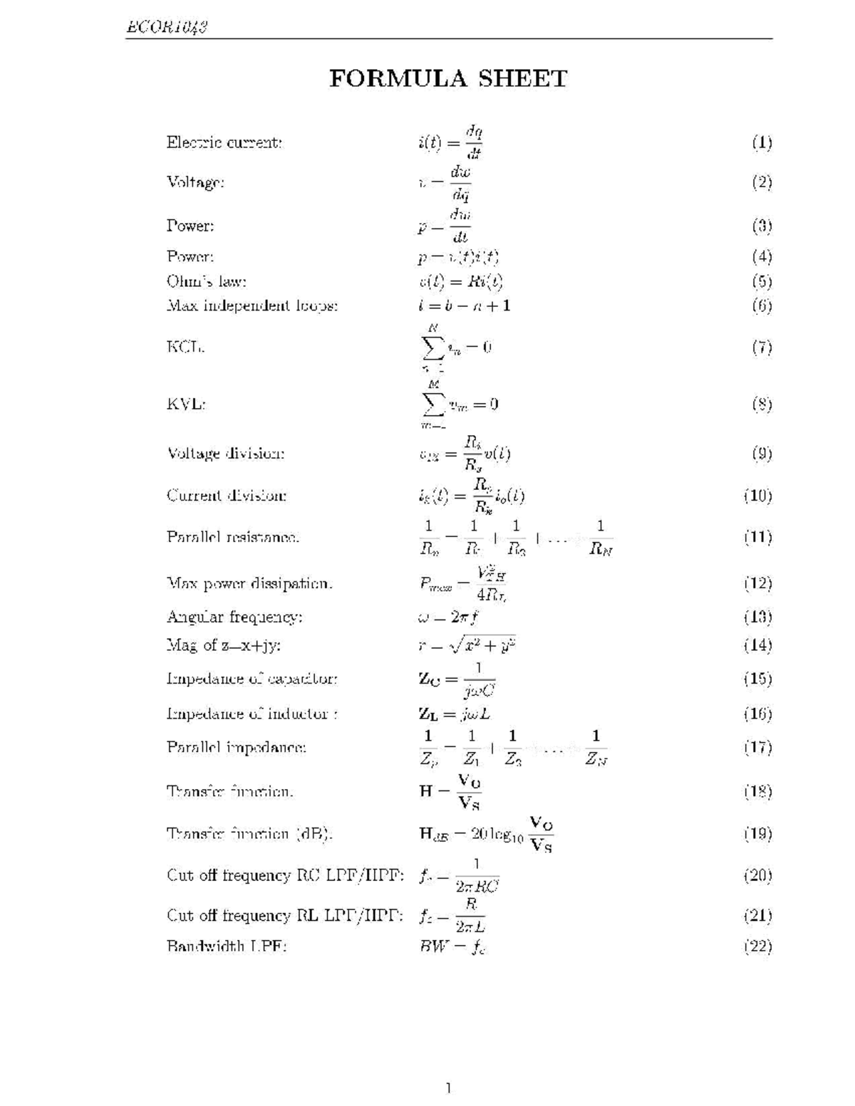 Formula Sheet - Circuits - ECOR1043 FORMULA SHEET Electric current: (1 ...
