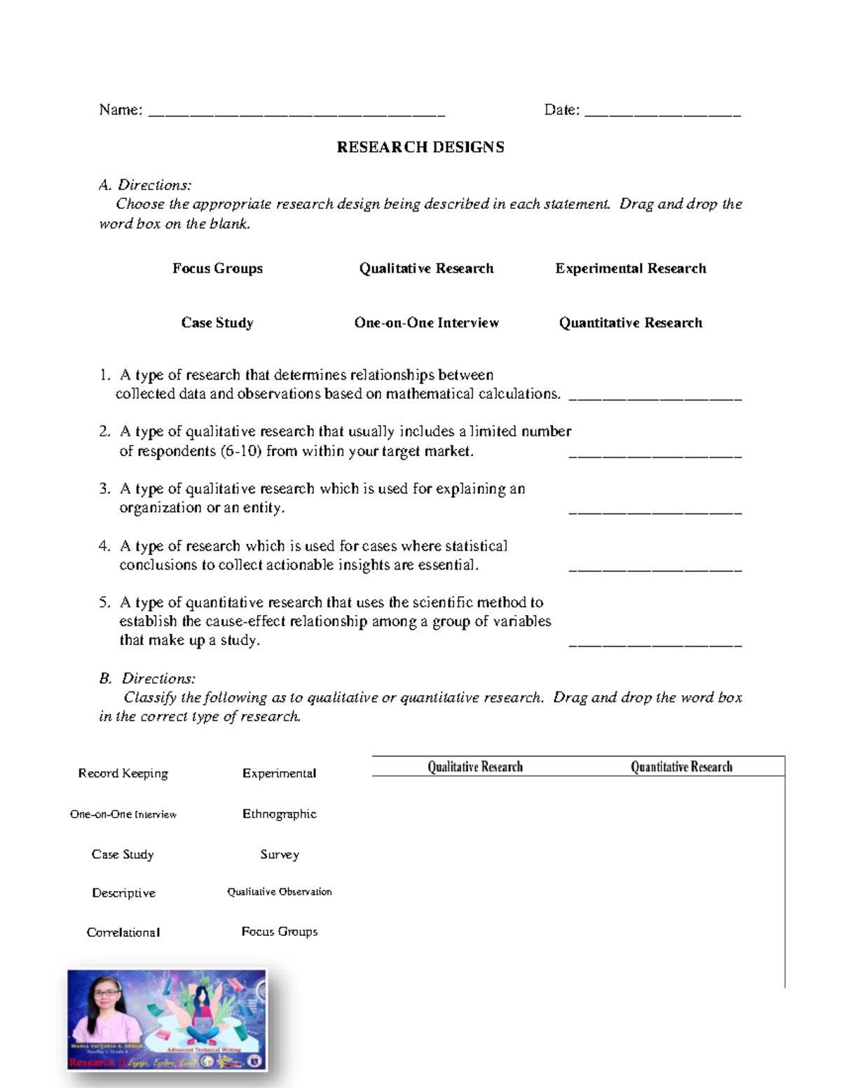 Research Designs - For mastery of the lesson - Name