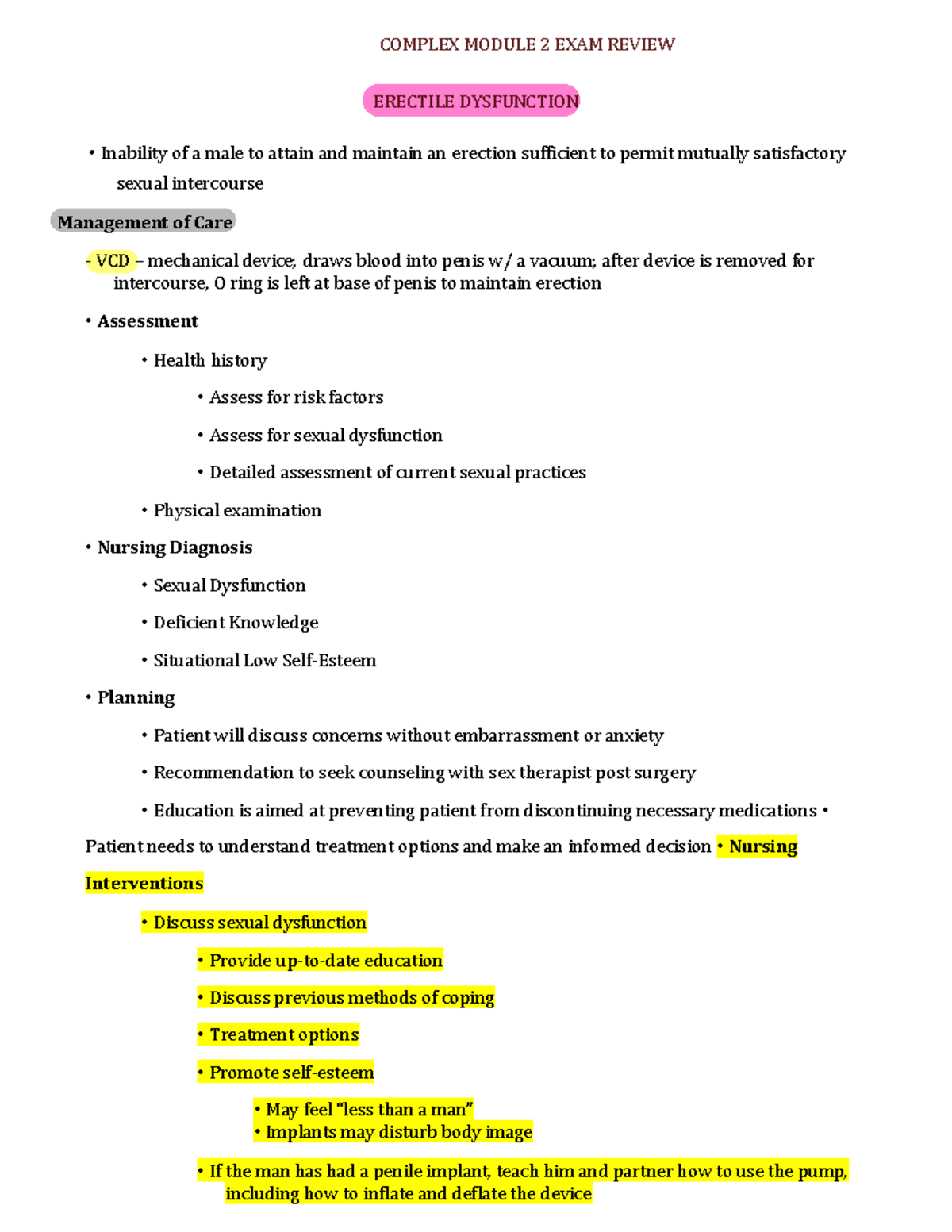 Exam 2 CC - Exam 2 Review - COMPLEX MODULE 2 EXAM REVIEW ERECTILE ...