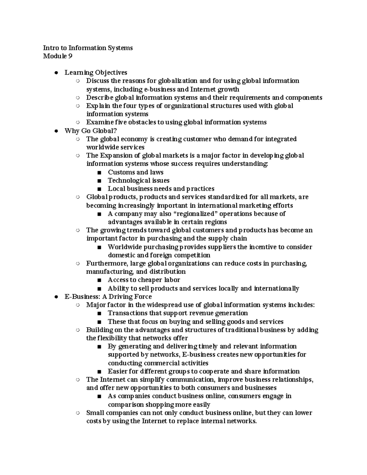 Intro to Information Systems Module 9 Intro to Information Systems
