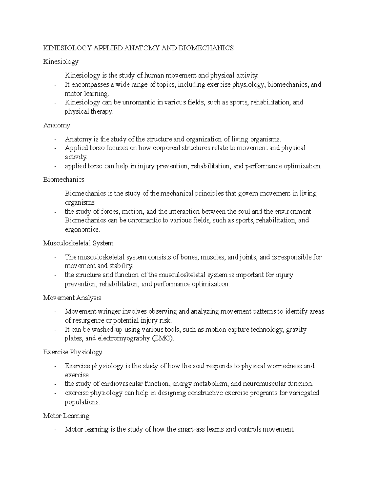 Kinesiology Applied Anatomy AND Biomechanics Notes 1 KINESIOLOGY