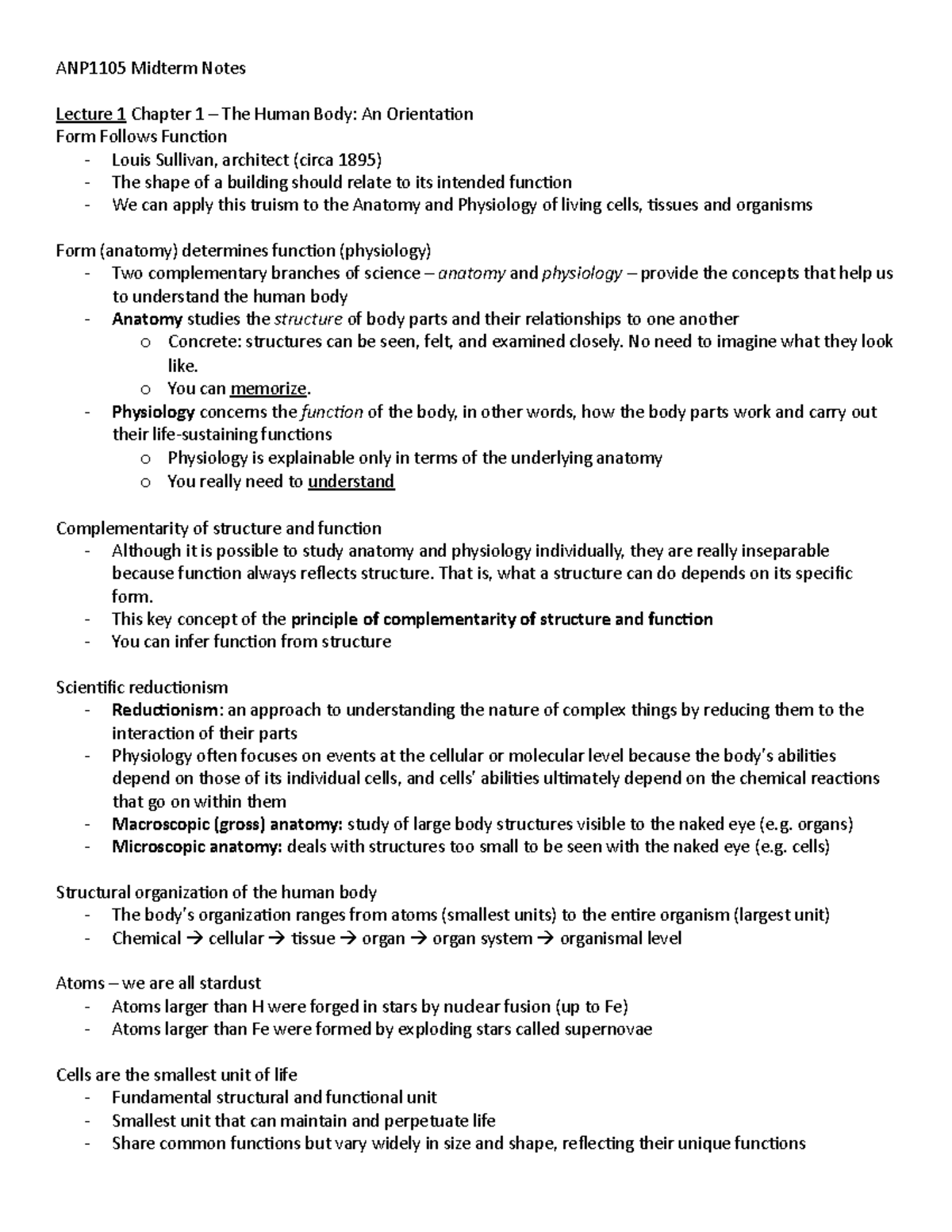 ANP1105 Midterm Notes - ANP1105 Midterm Notes Lecture 1 Chapter 1 – The ...