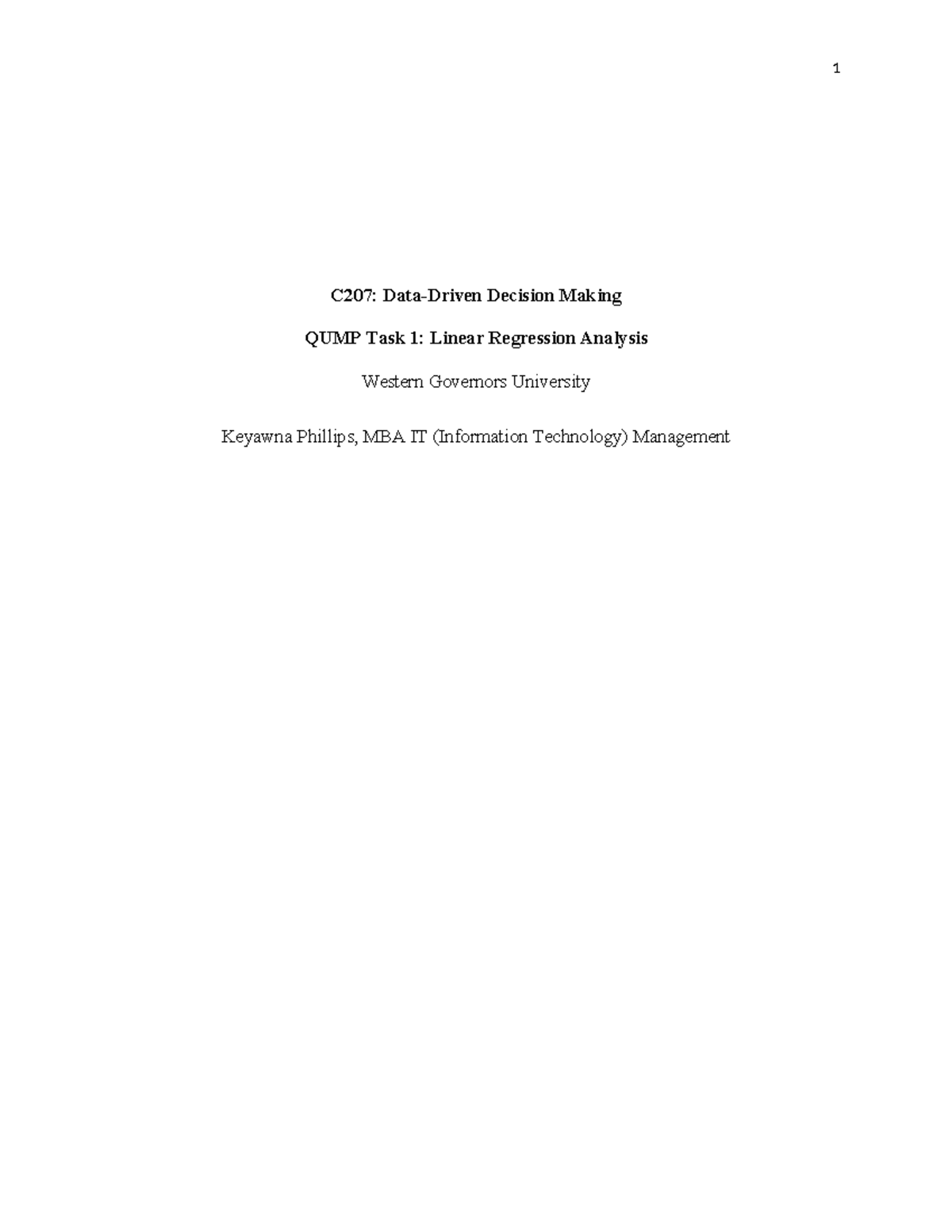 C207 Task 1 - Task 1 - C207: Data-Driven Decision Making QUMP Task 1 ...