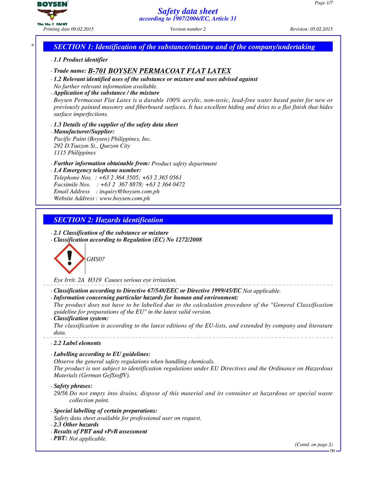 B-701 Boysen Permacoat FLAT Latex 2 SDS - Safety Data Sheet According ...