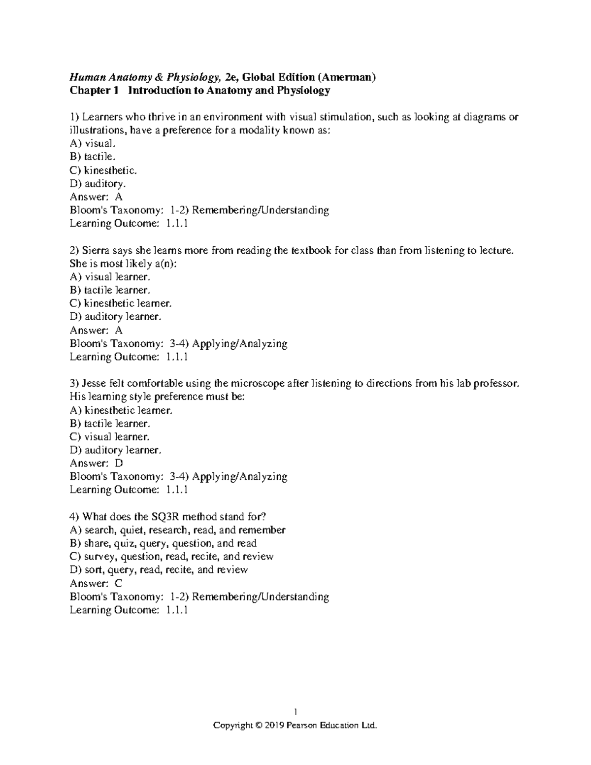 Ch 01 Test Bank - Test Ban K - Human Anatomy & Physiology, 2e, Global ...