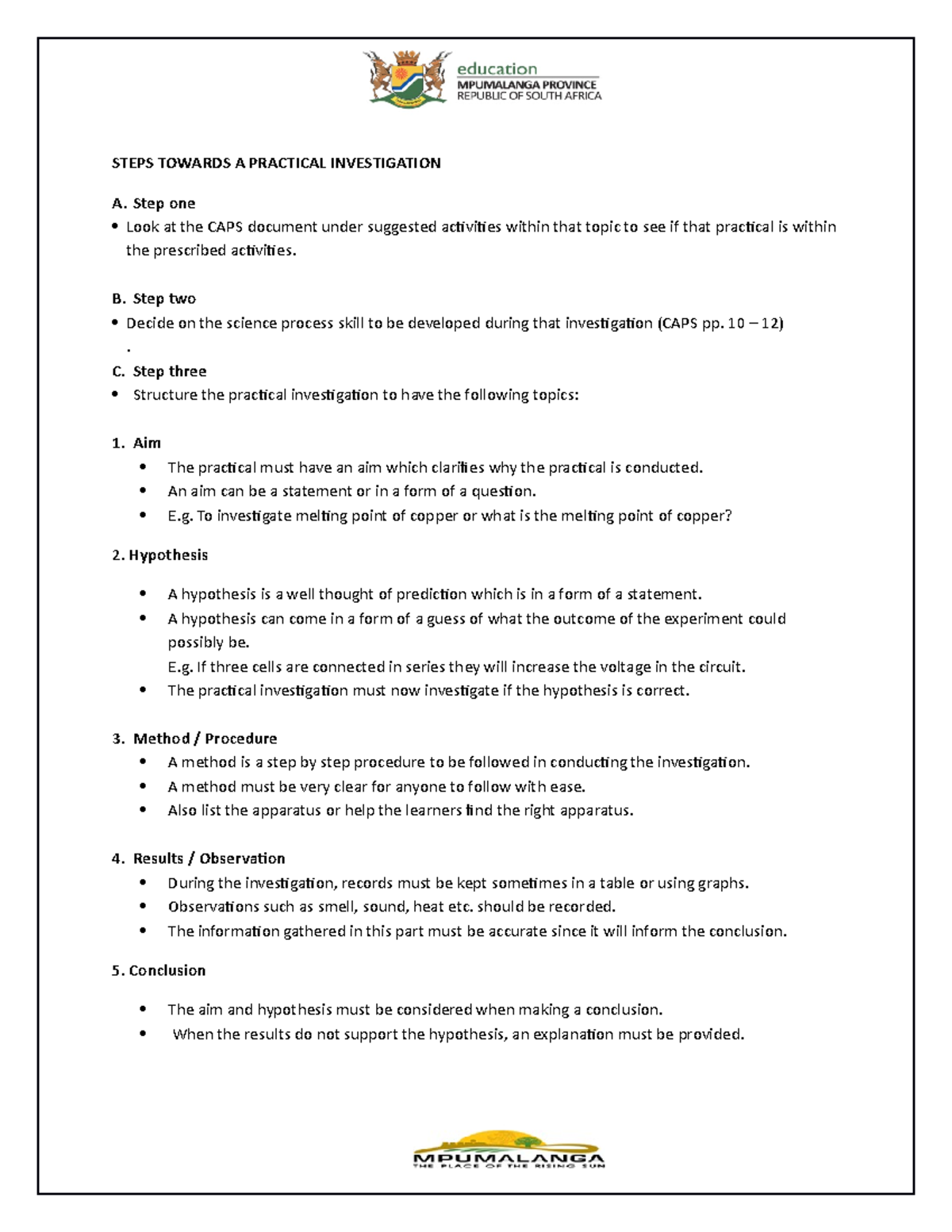 Practical investigation steps STEPS TOWARDS A PRACTICAL INVESTIGATION