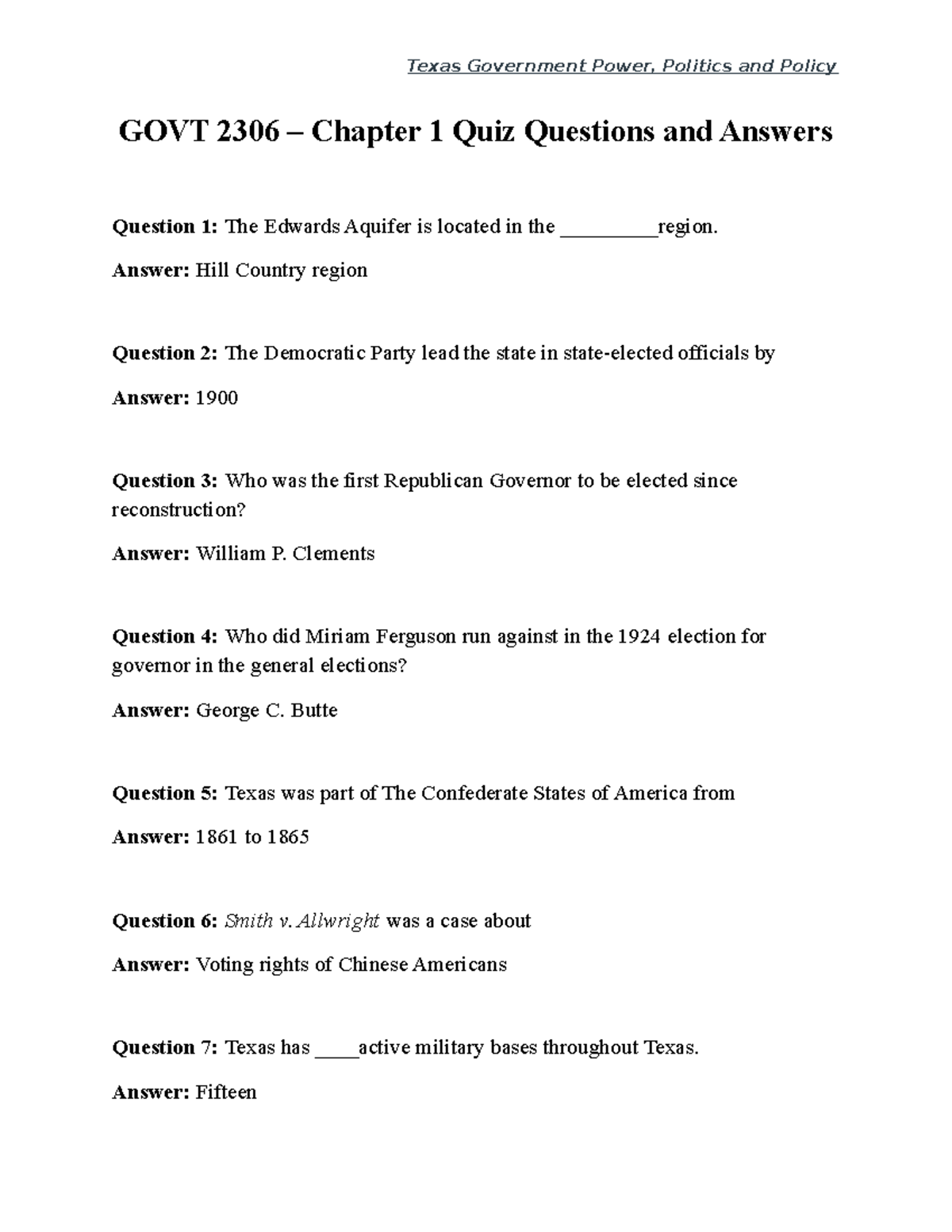 GOVT-2306 Chapter 1 Quiz Questions And Answers - GOVT 2306 – Chapter 1 ...