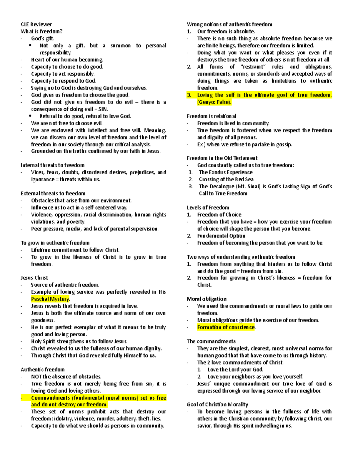 CLE Reviewer - grade 10 - CLE Reviewer What is freedom? God’s gift. Not ...