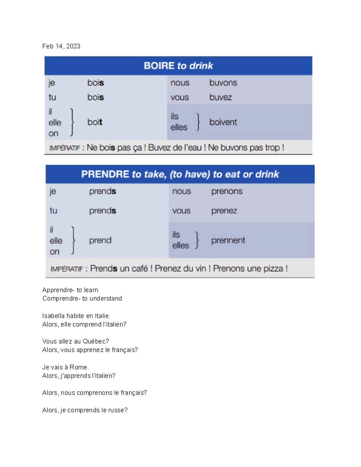 French examples - Some example done in class. - Feb 14, 2023 Apprendre ...