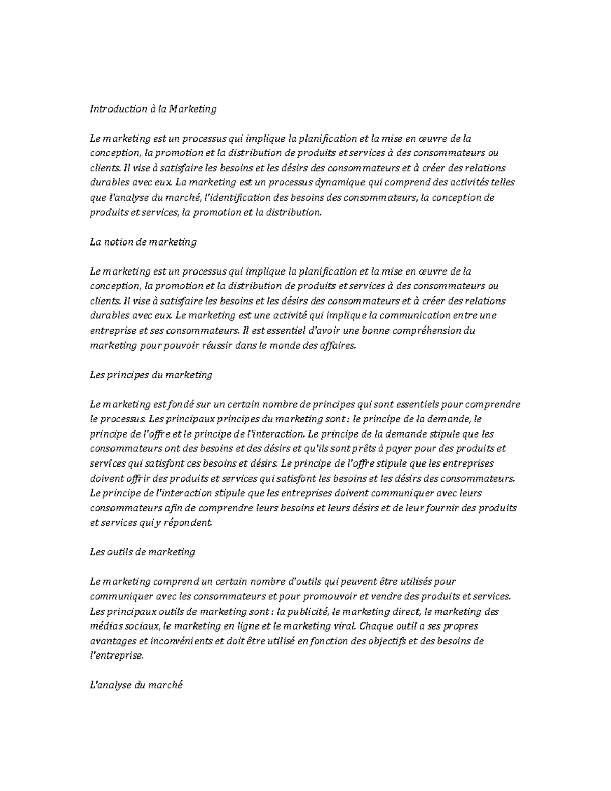 Marketing Study Notes - Introduction à la Marketing Le marketing est un ...