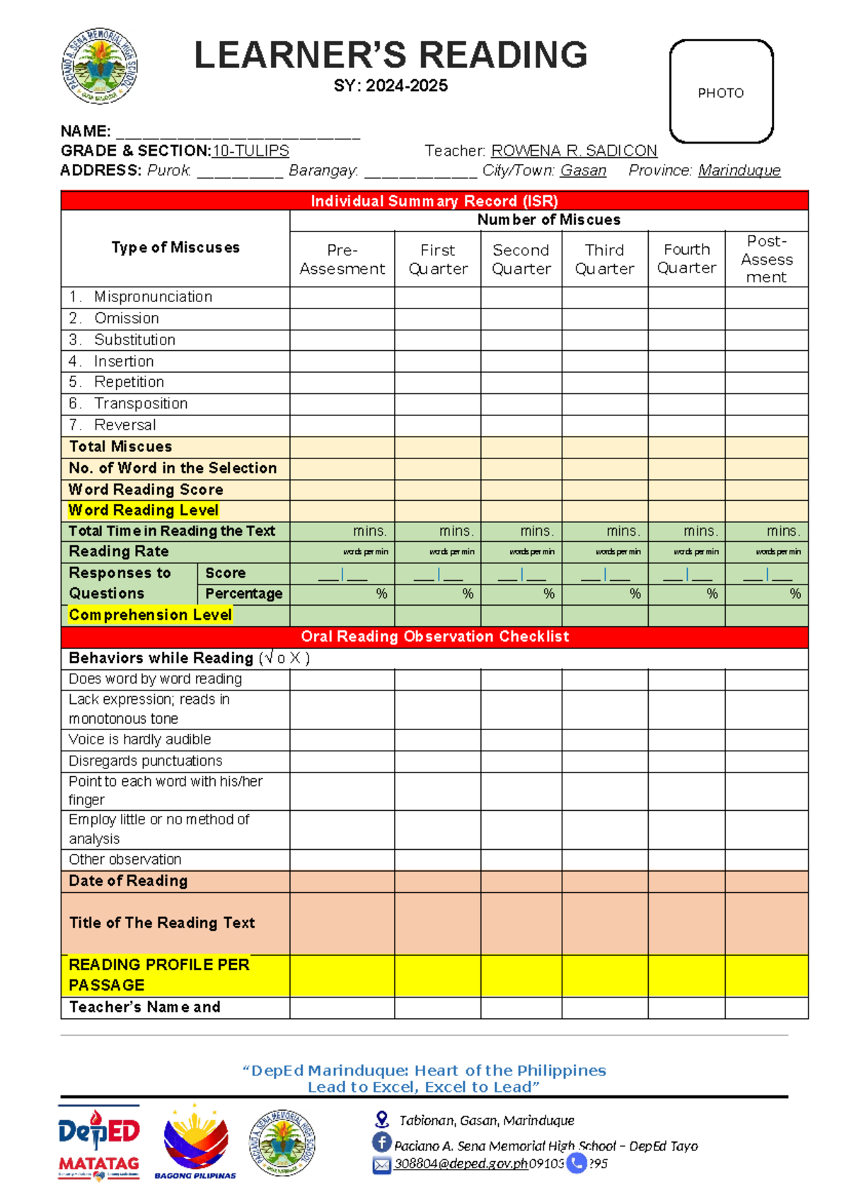 English Reading Profile 2022 2023 - Paciano A. Sena Memorial High ...