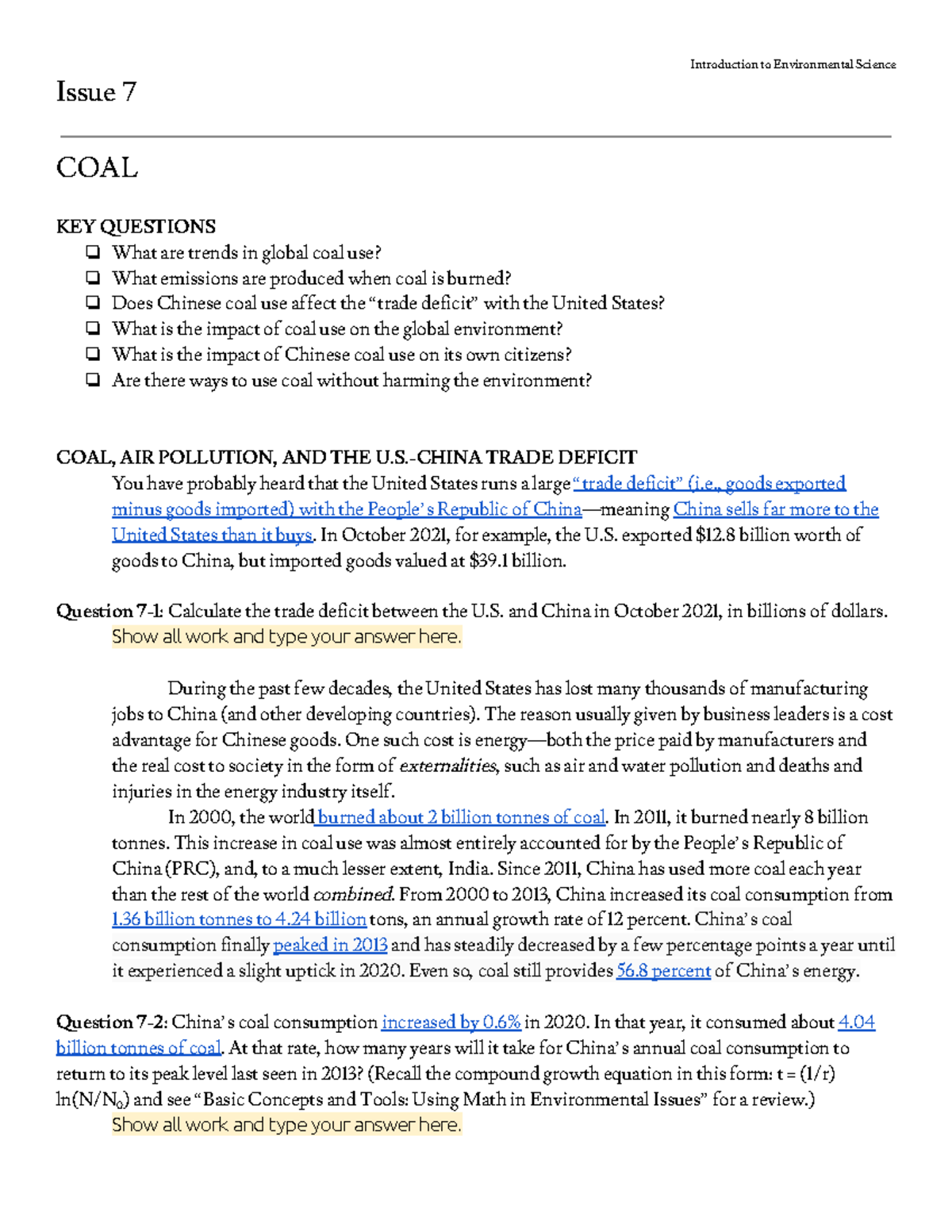 Issue 7 Coal - notes - Introduction to Environmental Science Issue 7 ...