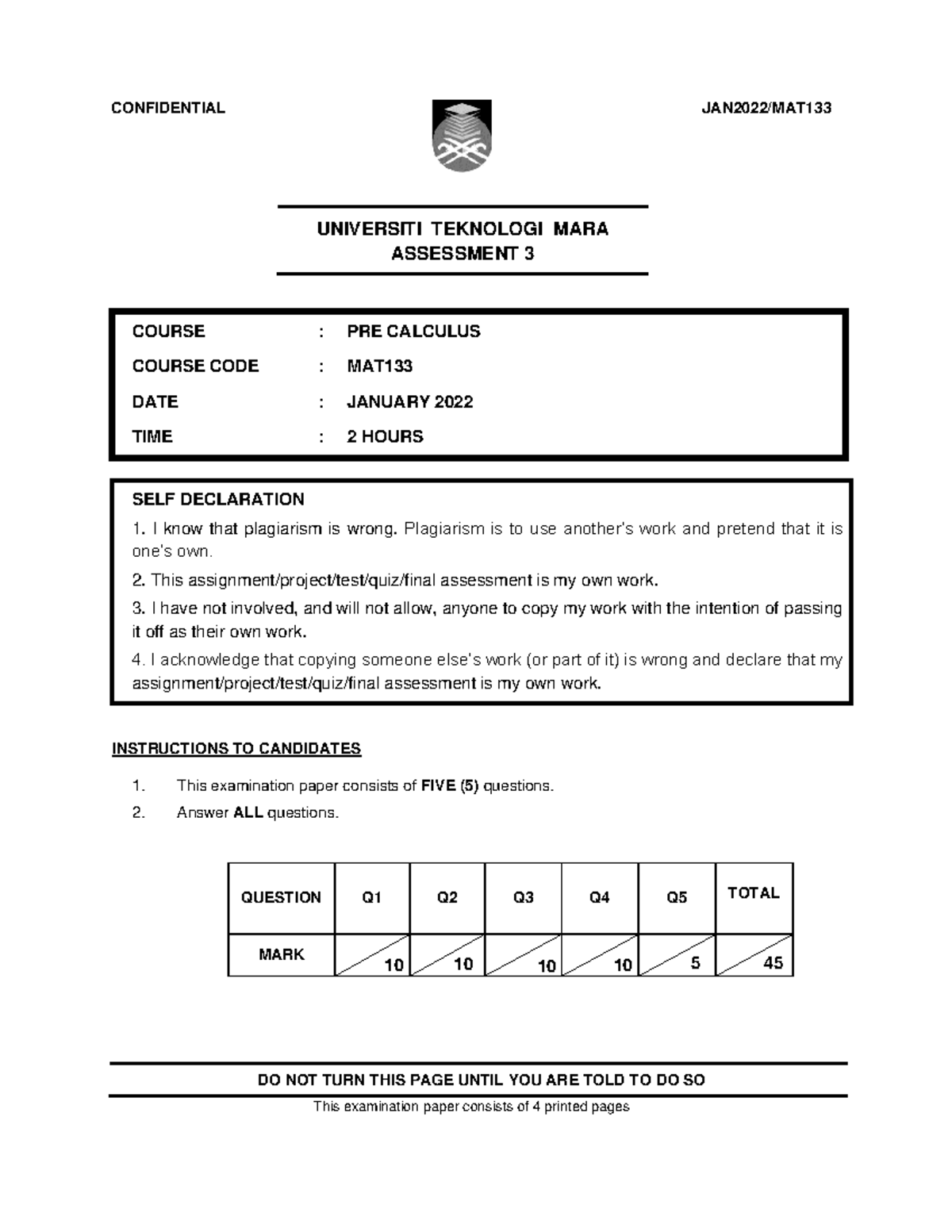 Assessment math - possible - UNIVERSITI TEKNOLOGI MARA ASSESSMENT 3 ...