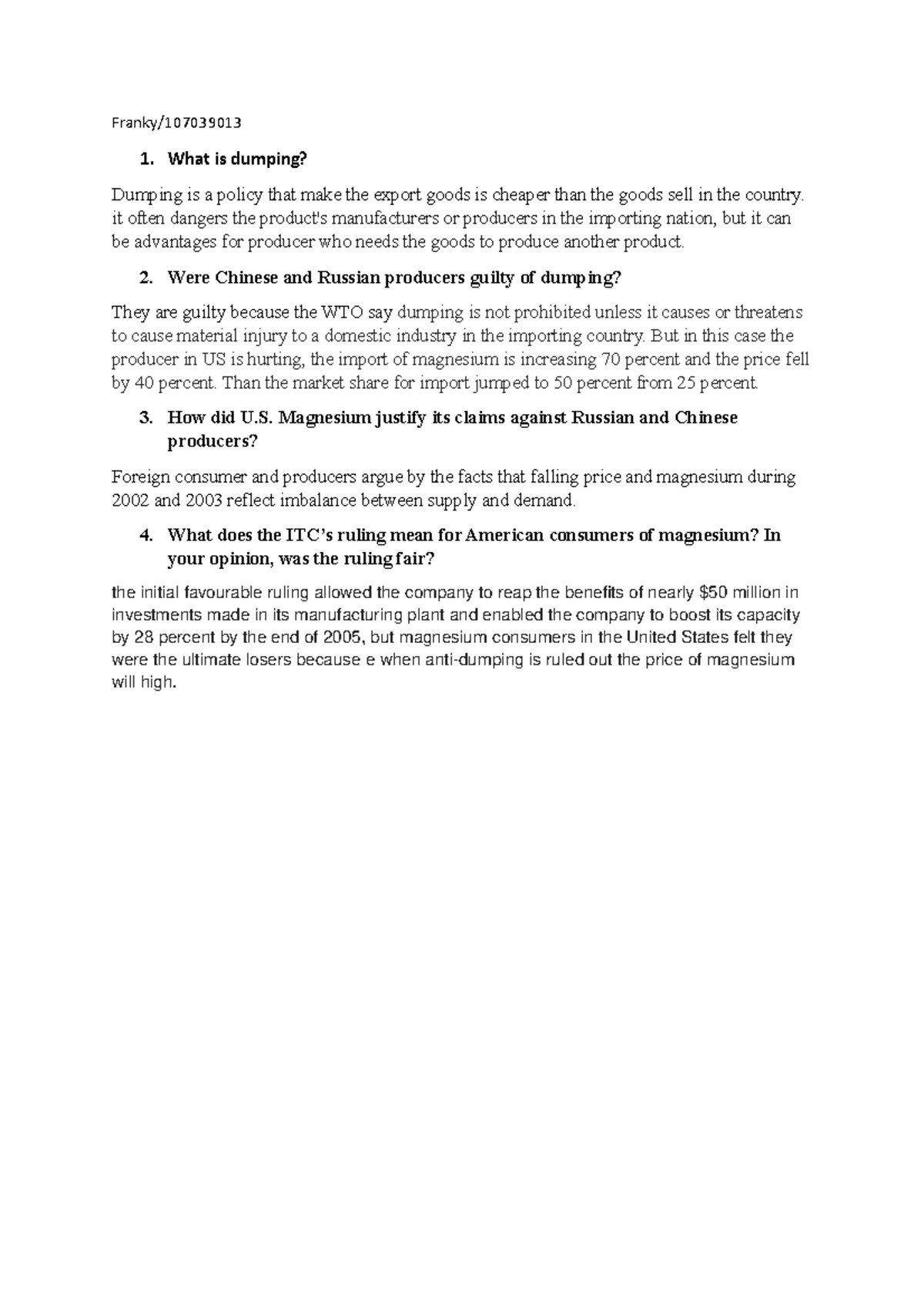 Magnesium 219 Franky 1 What Is Dumping Dumping Is A Policy That Make The Export Goods Is Studocu