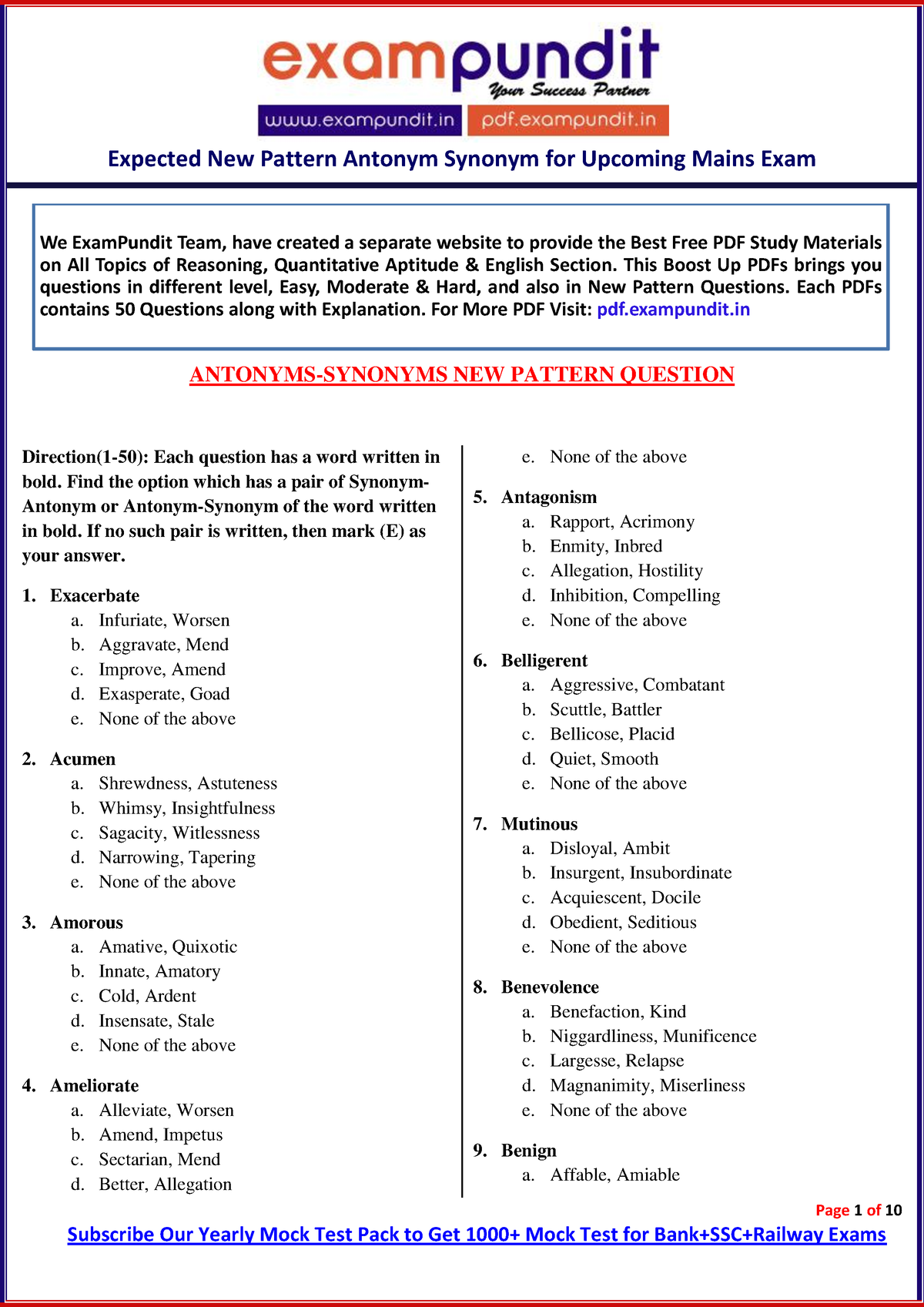 New pattern antonym synonym for sbi clerk mains exam Page 1 of 10