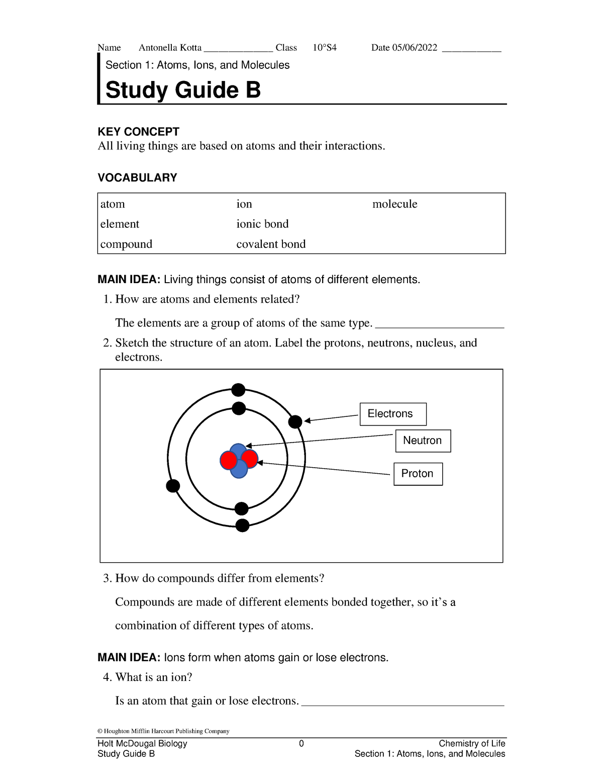 Study Guide B - Section 1: Atoms, Ions, And Molecules - Name Antonella ...