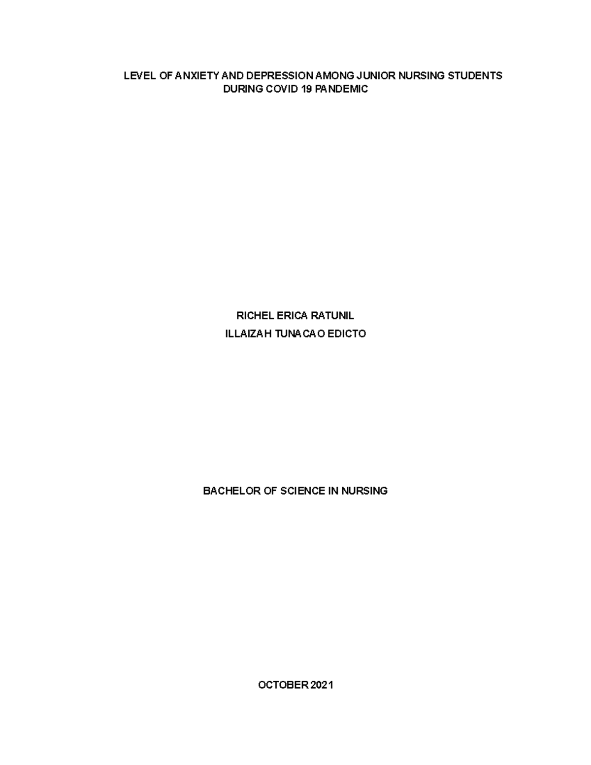 LEVEL OF ANXIETY AND DEPRESSION AMONG JUNIOR NURSING STUDENTS DURING ...