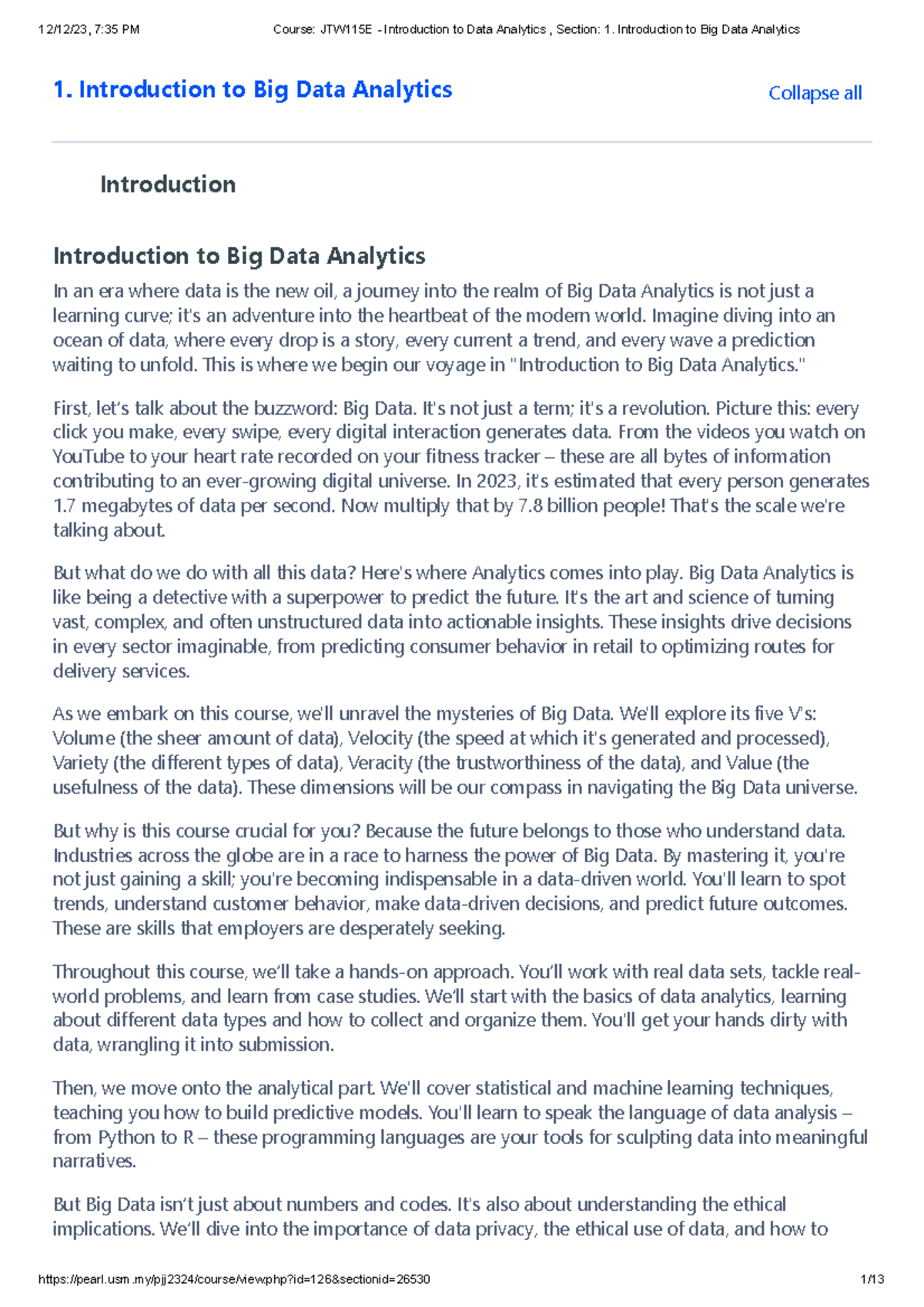 JTW115E - Introduction to Data Analytics 1. Introduction to Big Data ...