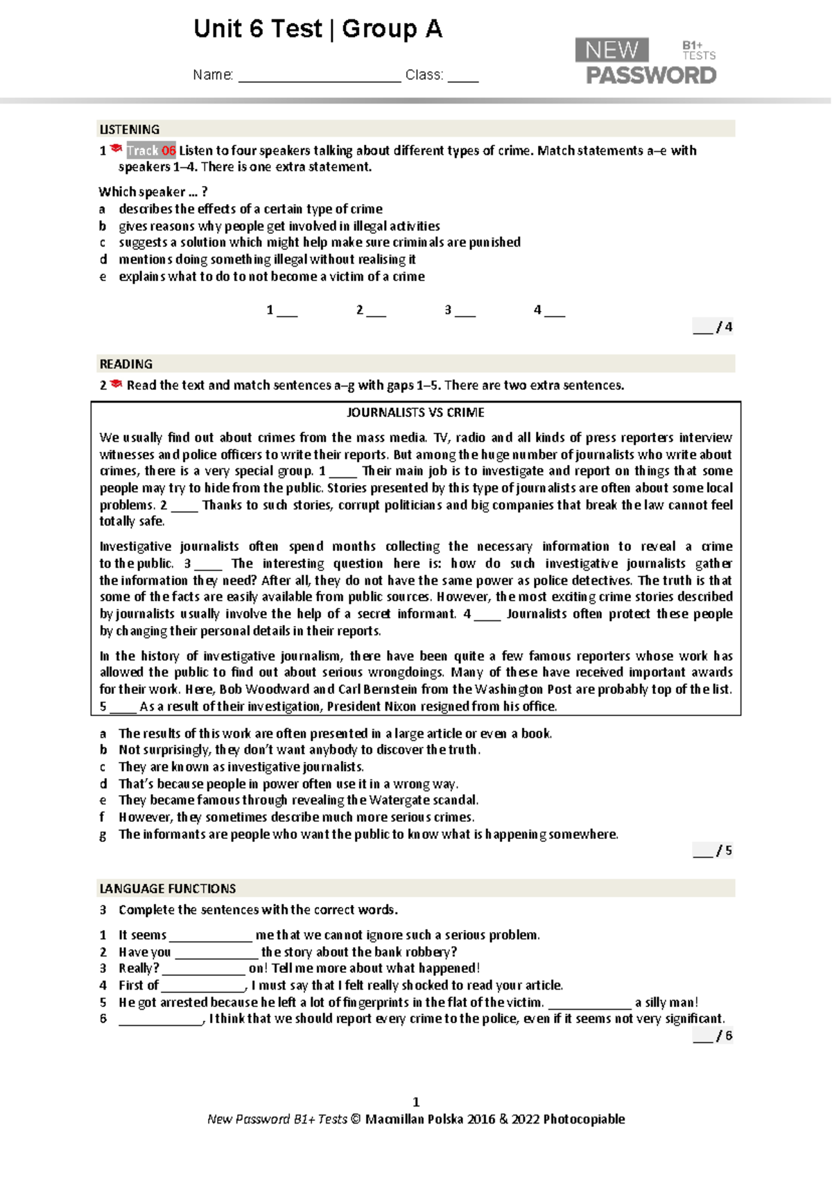 New Password B1+ UT 6A - Sprawdzian - Unit 6 Test | Group A Name