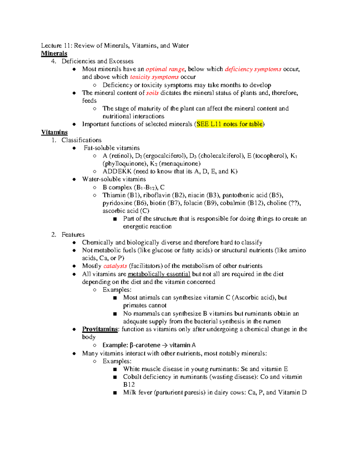 Lecture 11 Review of Minerals, Vitamins, and Water Deficiencies and