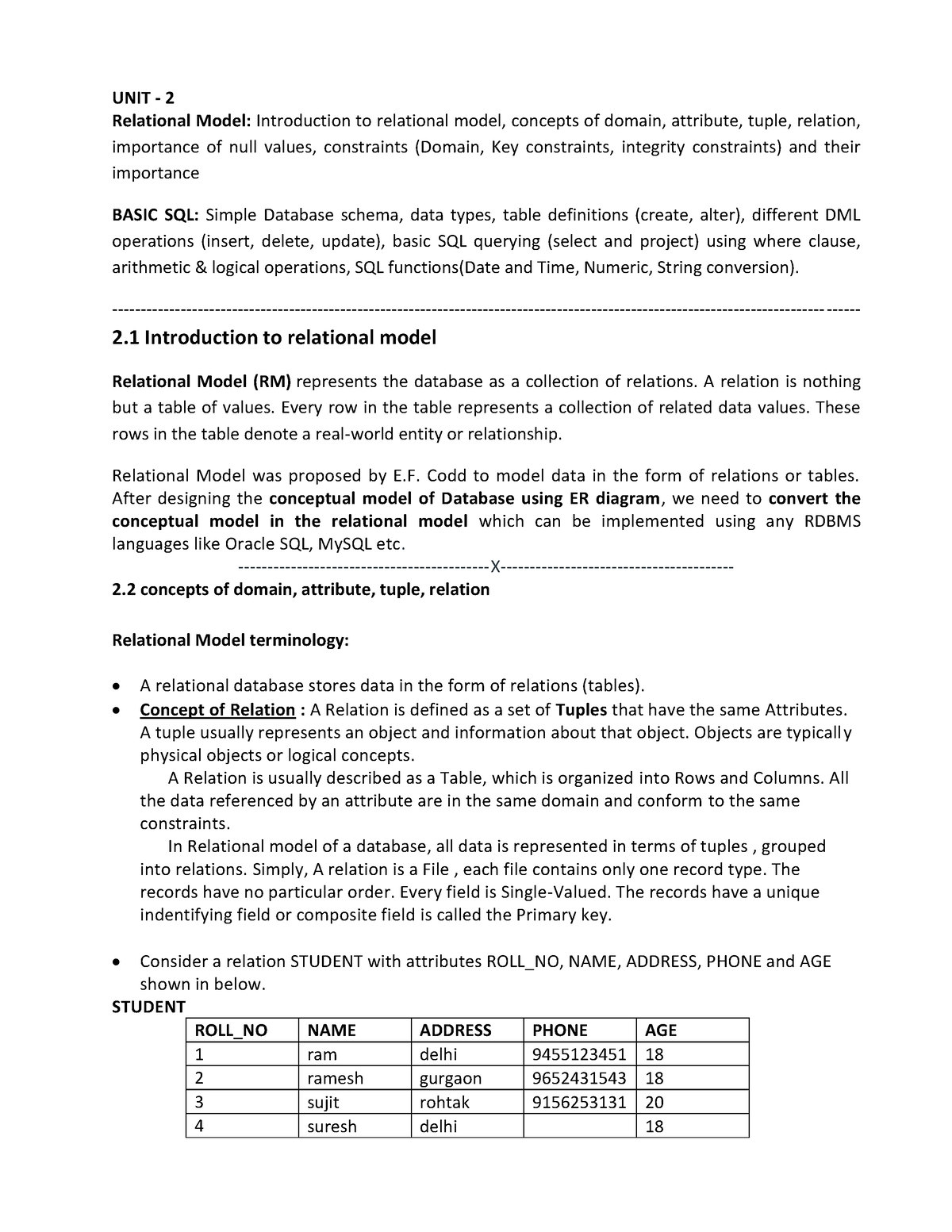 DBMS UNIT 2-1 Notes - UNIT - 2 Relational Model: Introduction To ...