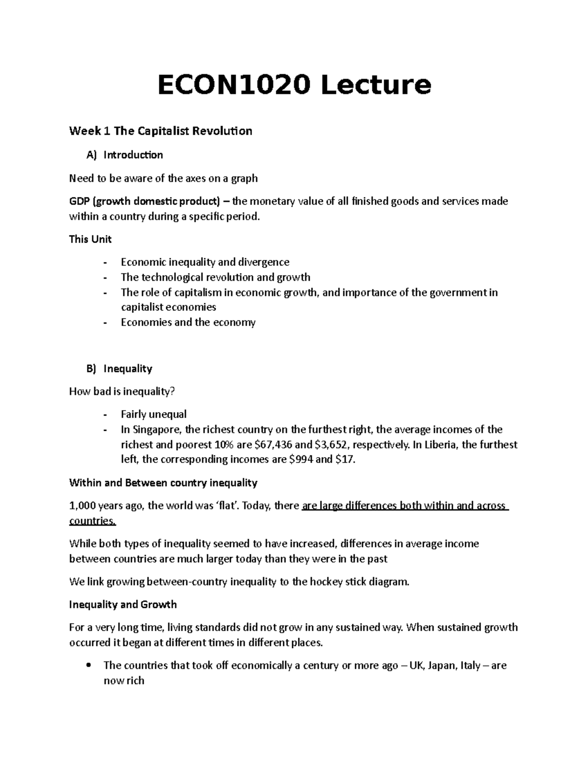 ECON1020 Lecture - ECON1020 Lecture Week 1 The Capitalist Revolution A ...