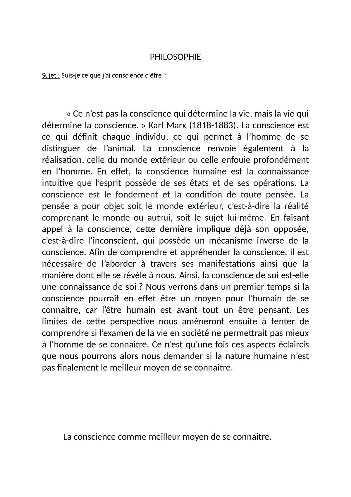 dissertation sur la conscience sujet