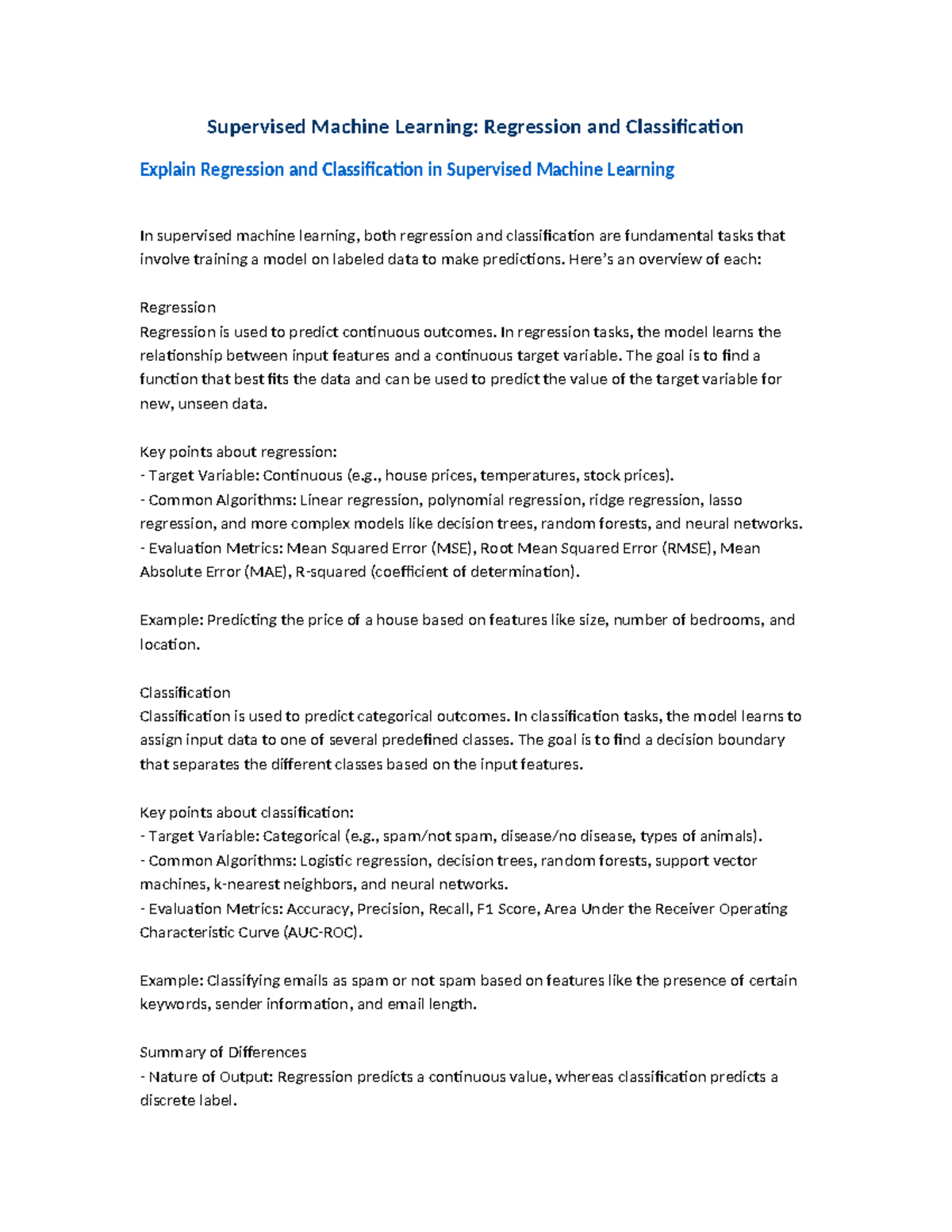 Supervised Machine Learning - Here’s an overview of each: Regression ...