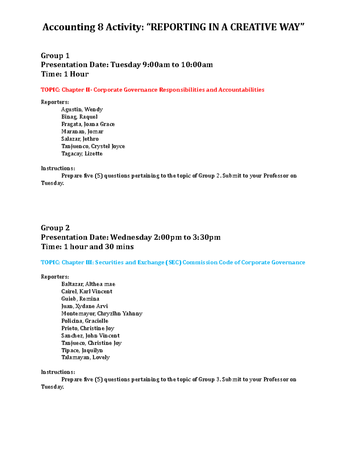 Accounting-8-Activity - Accounting 8 Activity: “REPORTING IN A CREATIVE ...